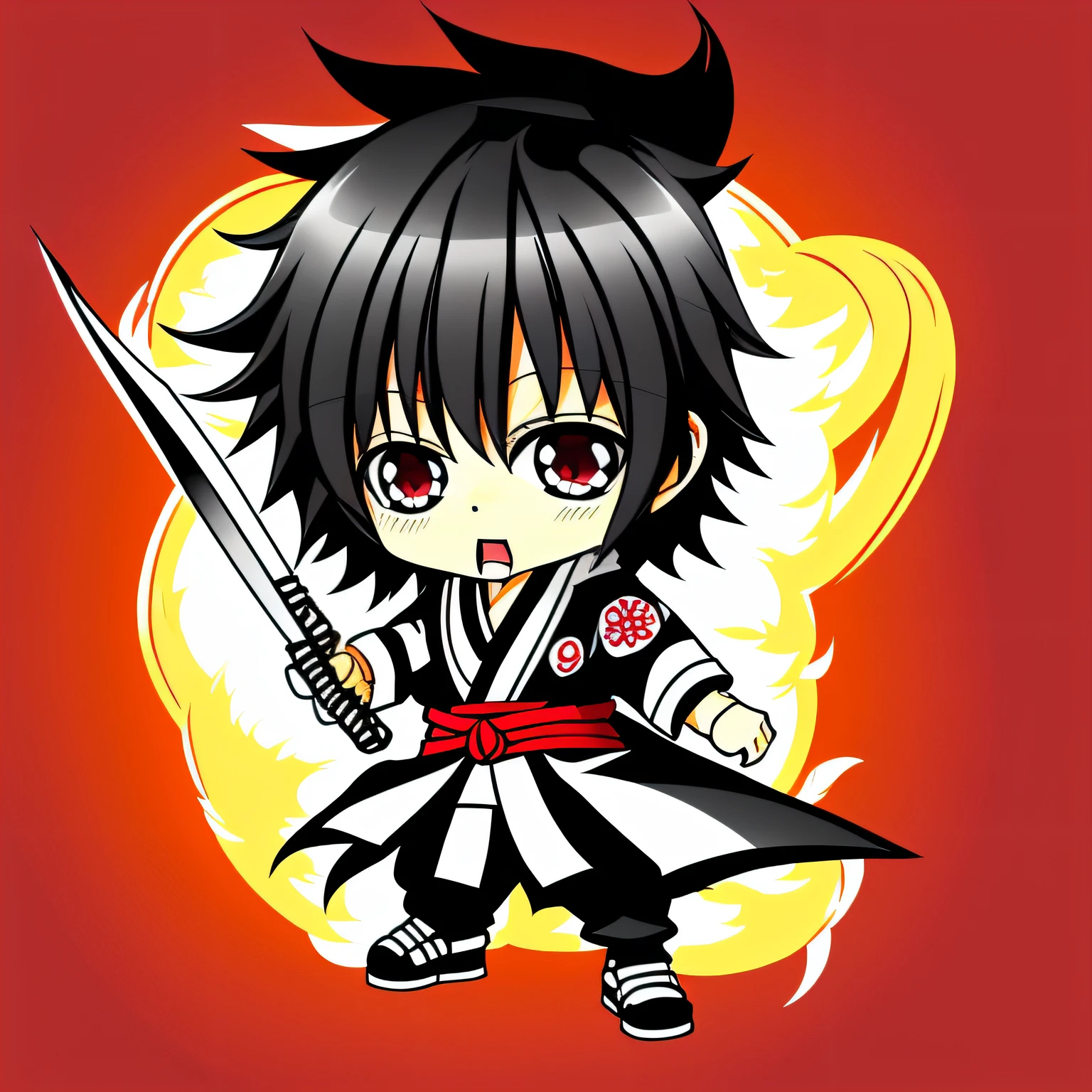 kurosaki bankai ichigo cartoon, Cabelo laranja, Chibi, roupa preta e vermelha