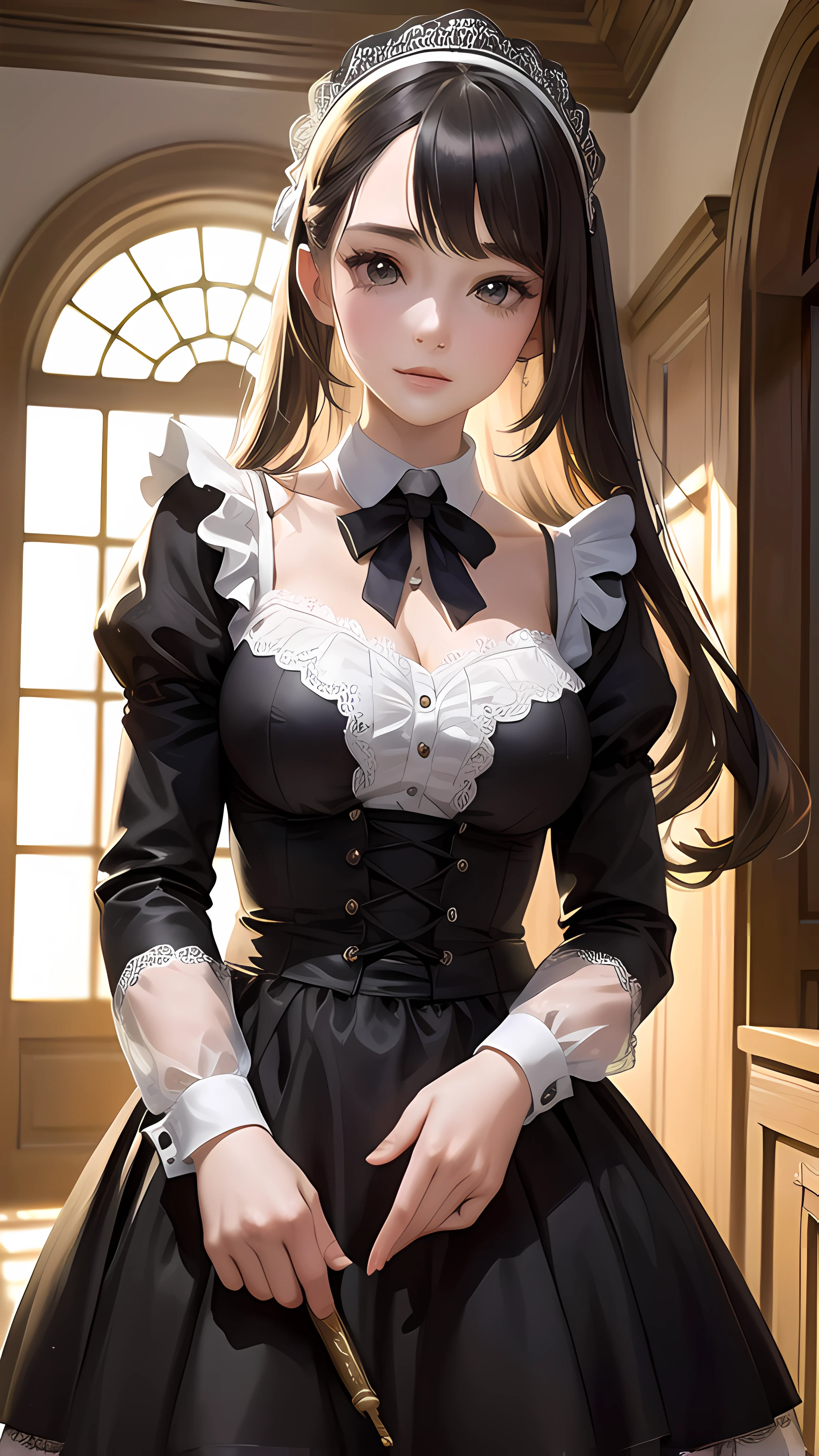 anime girl in maid outfit posing in a room with a sword, anime girl in a maid costume, gorgeous maid, maid outfit, anime girl wearing a black dress, cosplay of a catboy! maid! dress, maid dress, anime cat girl in a maid costume, photorealistic anime girl render, artwork in the style of guweiz