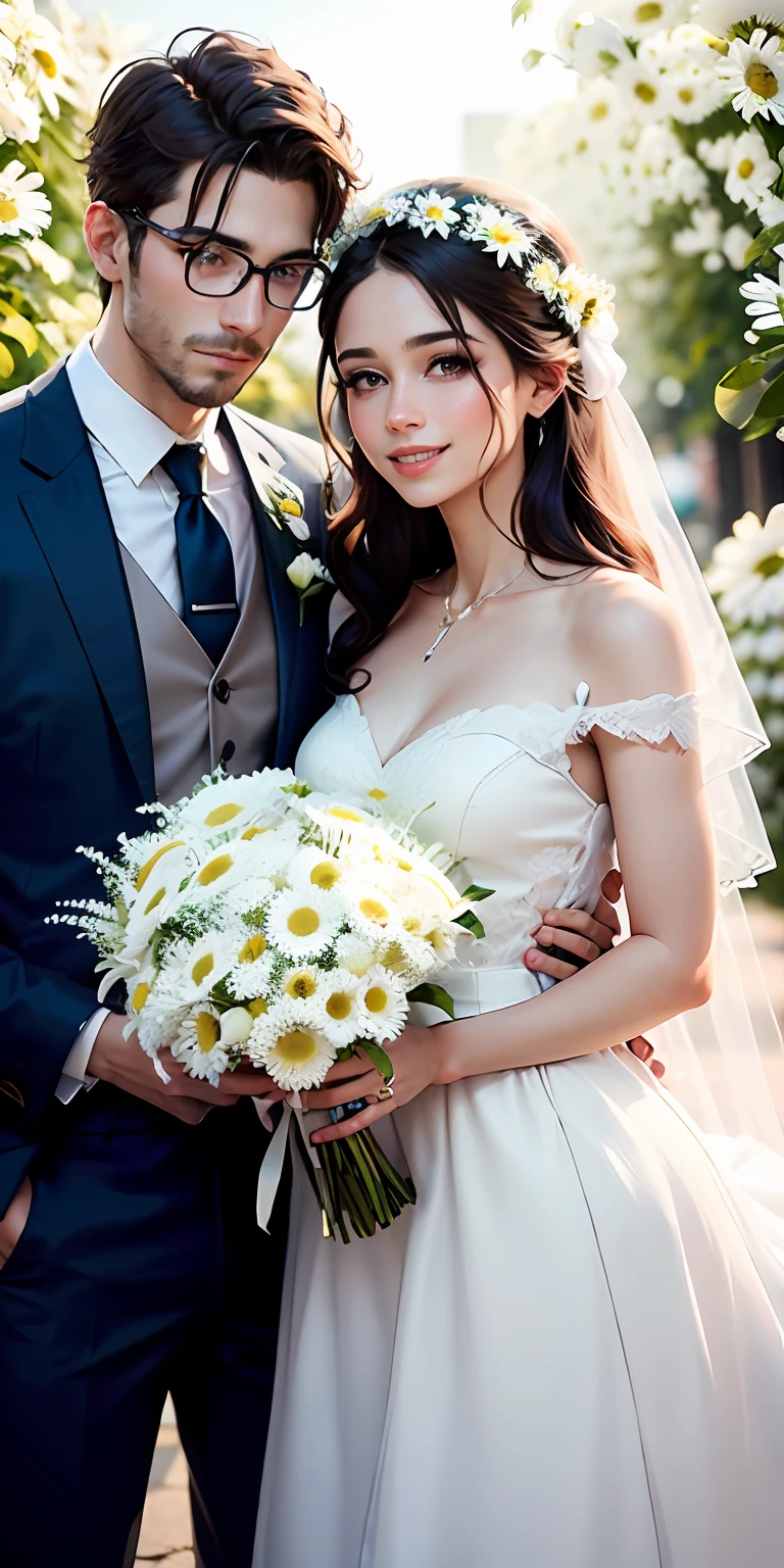 1 adesivo, Casamento, pose de casal, ((um casal)), (um homem e 1 mulher), ((Jovens)), (Terno azul royal, vestido de noiva), Felizes, alegria, felicidade, Glasses boy, (cabelos castanho claro) bouquet, ((Bouquet of white daisies)), salute, jardim, Aquarela, fundo branco, fundo simples, minimum, fofo, tiny, cor pastel, estilo vetorial, Sem gradiente, sem barba, homem sem barba