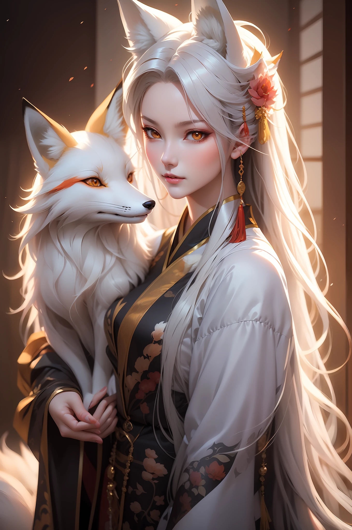 anime girl with long hair and a fox, a beautiful fox lady, white - haired fox, beautiful character painting, by Yang J, beautiful anime portrait, girl with fox ears, a beautiful kitsune woman, by Ni Tian, artwork in the style of guweiz, guweiz, by Ren Renfa, kitsune, soft anime illustration