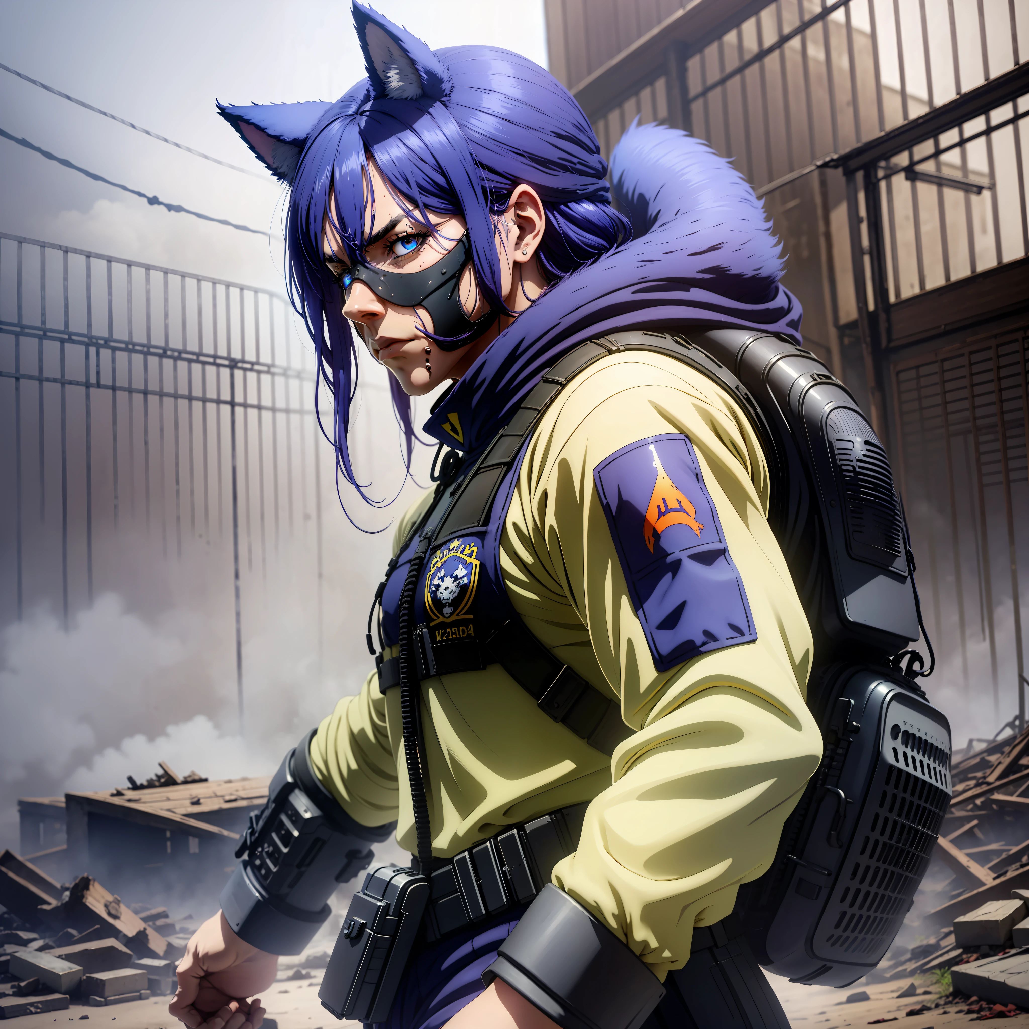 absurdres, highres, ultra detailed, cowboy shot, solo, front view, cinematic lighting,
AK15, ak15armor, standing, holding assault rifle,  serious, (((muscular))), rubble, ruin, war, patrol, stand-to, millitary action, looking at viewer, glowing blue eyes, purple hair, long Wolf ears, ((fighting stance)),  mask, green fog, return blood,