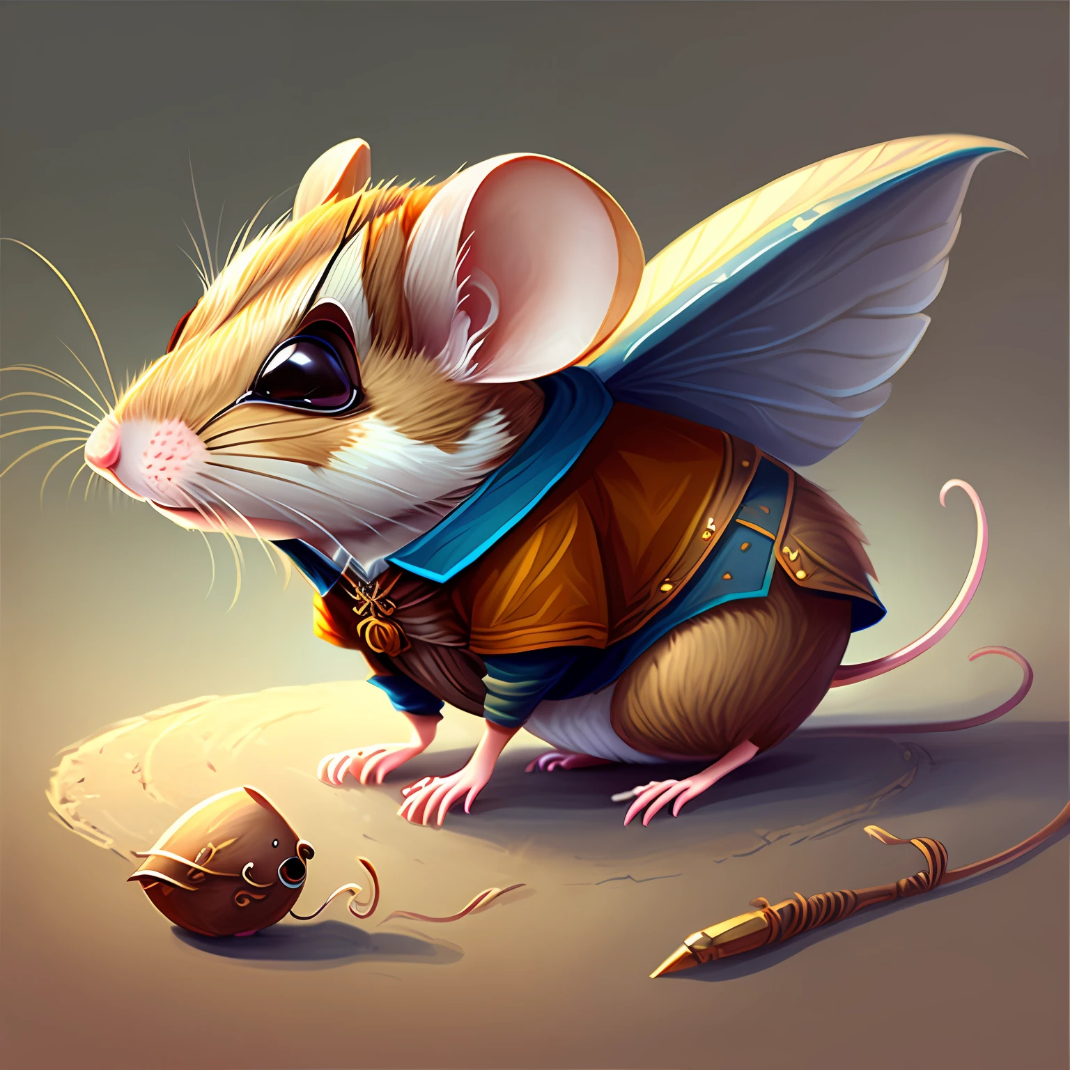A closeup of a winged mouse dressed in a medieval outfit, Anthropomorphic mouse, An anthropomorphic mouse, Digital painting, Trend in CGSeteration, Fantasy Art, --auto