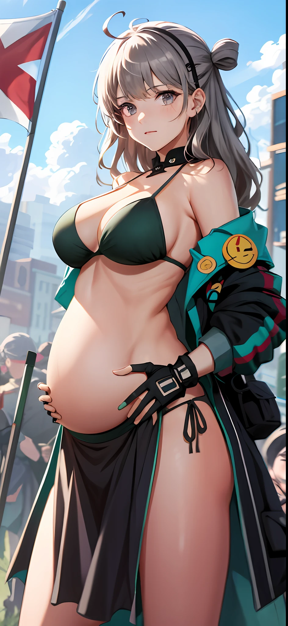 a masterpiece of, the best quality, PrinzV4, 1girl huge large breasts, 独奏, length hair, udder, looking looking at viewer, large tities,Large breasts, mitts, Belly button, Hold, White liquid, Yellow eyes, White hair, red hair, O cabelo multicolorido, Open your clothes, Black gloves, Open bra, Official alternative costumes, Striped hair, latte, hand on hips, underboobs, head gear, Banner, White panties, Queen of the game, Hold the flag,pregnant women with,shot on the body,cum on the stomach,The white liquid is drizzled all over the body