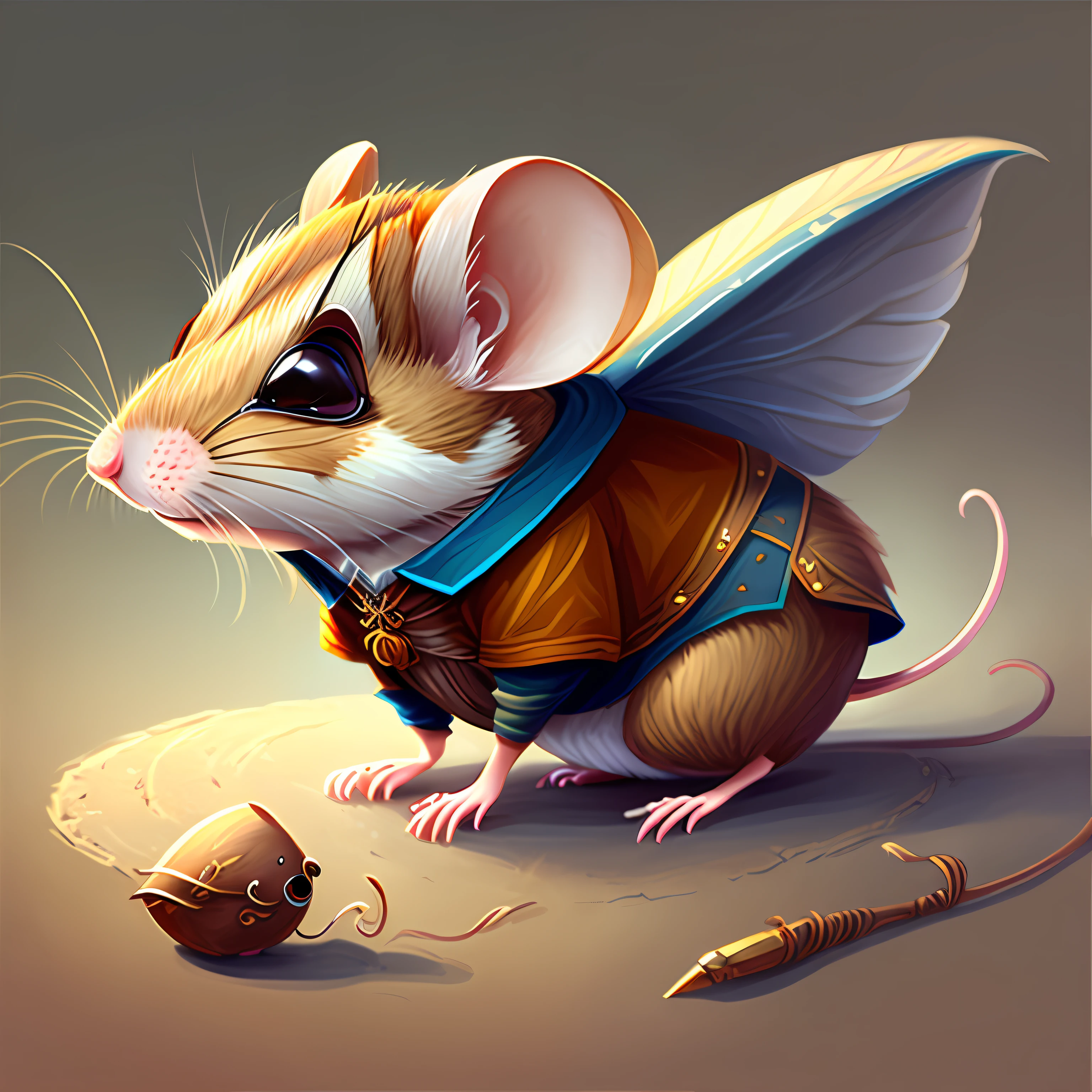 A closeup of a winged mouse dressed in a medieval outfit, Anthropomorphic mouse, An anthropomorphic mouse, Digital painting, Trend in CGSeteration, Fantasy Art, --auto