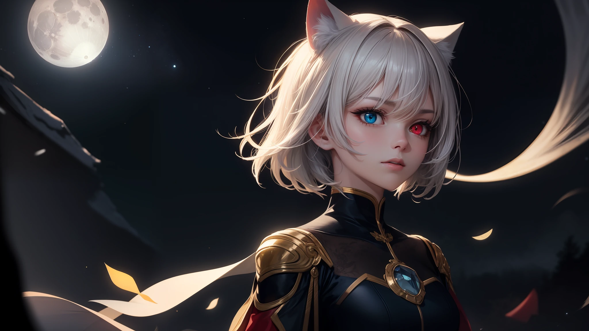 Masterpiece, (Best Quality:1.2), (Super Detail:1.2), Illustration, (Very Delicate and Beautiful:1.2), Cinematic Angle,(Beautiful Detail Eyes:1.1), (Detail Light:1.1),Movie Lighting, Beautifully Detailed Sky, White Short Hair, (Blue and Red Eyes), (High Ponytail:1.1), Glowing Eyes, (Moon:1.2), (Moonlight:1.1), Starry Sky, (Lighting Particles:1.1), Fog, Snow Painting, sketch, flower, (cat ears), (((heterochromia))), adult woman, shorthair, one girl