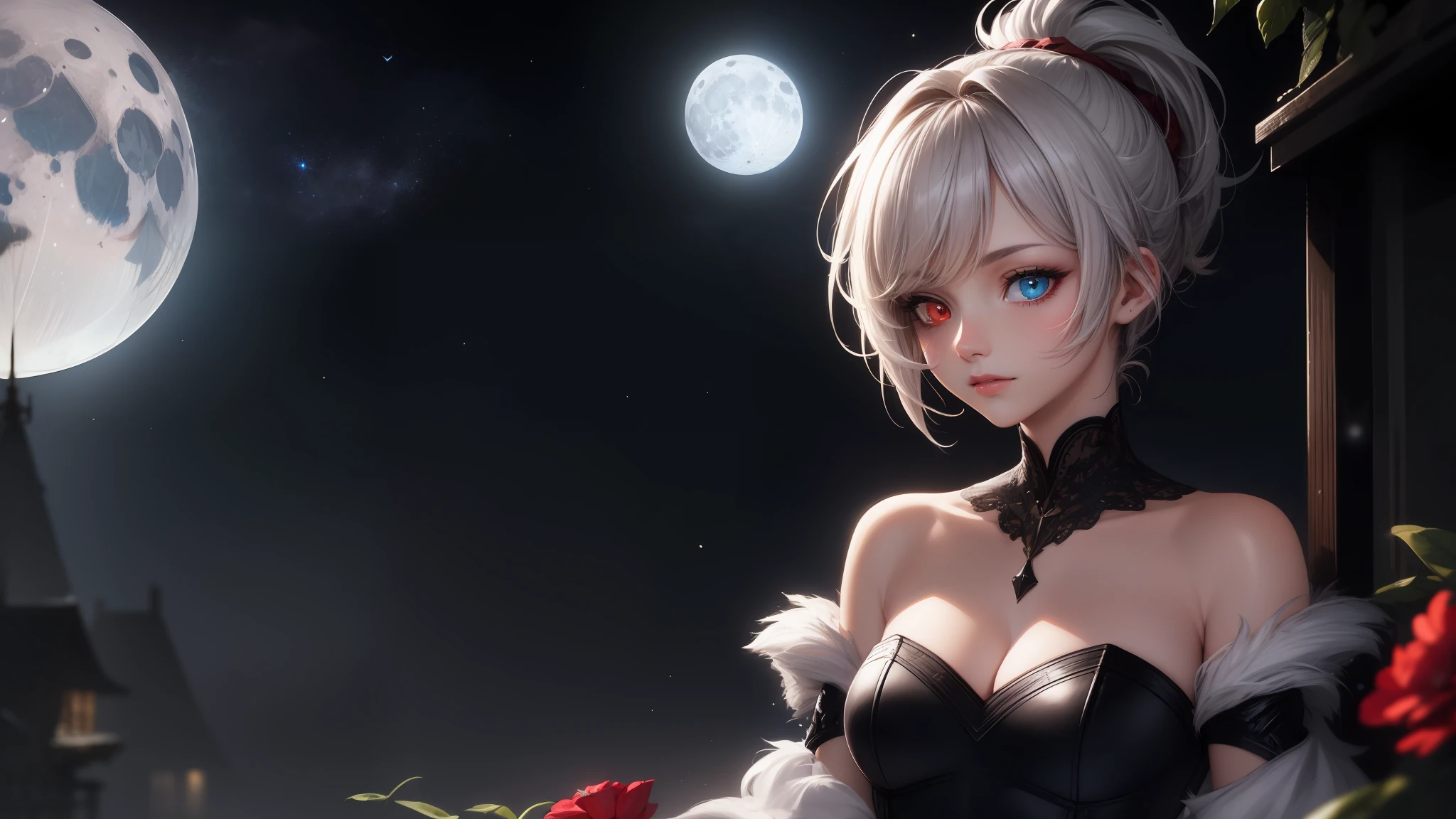 Masterpiece, (Best Quality:1.2), (Super Detail:1.2), Illustration, (Very Delicate and Beautiful:1.2), Cinematic Angle,(Beautiful Detail Eyes:1.1), (Detail Light:1.1),Movie Lighting, Beautifully Detailed Sky, White Short Hair, (Blue and Red Eyes), (High Ponytail:1.1), Glowing Eyes, (Moon:1.2), (Moonlight:1.1), Starry Sky, (Lighting Particles:1.1), Fog, Snow Painting, sketch, flower, (cat ears), (((heterochromia))), adult woman, shorthair, one girl