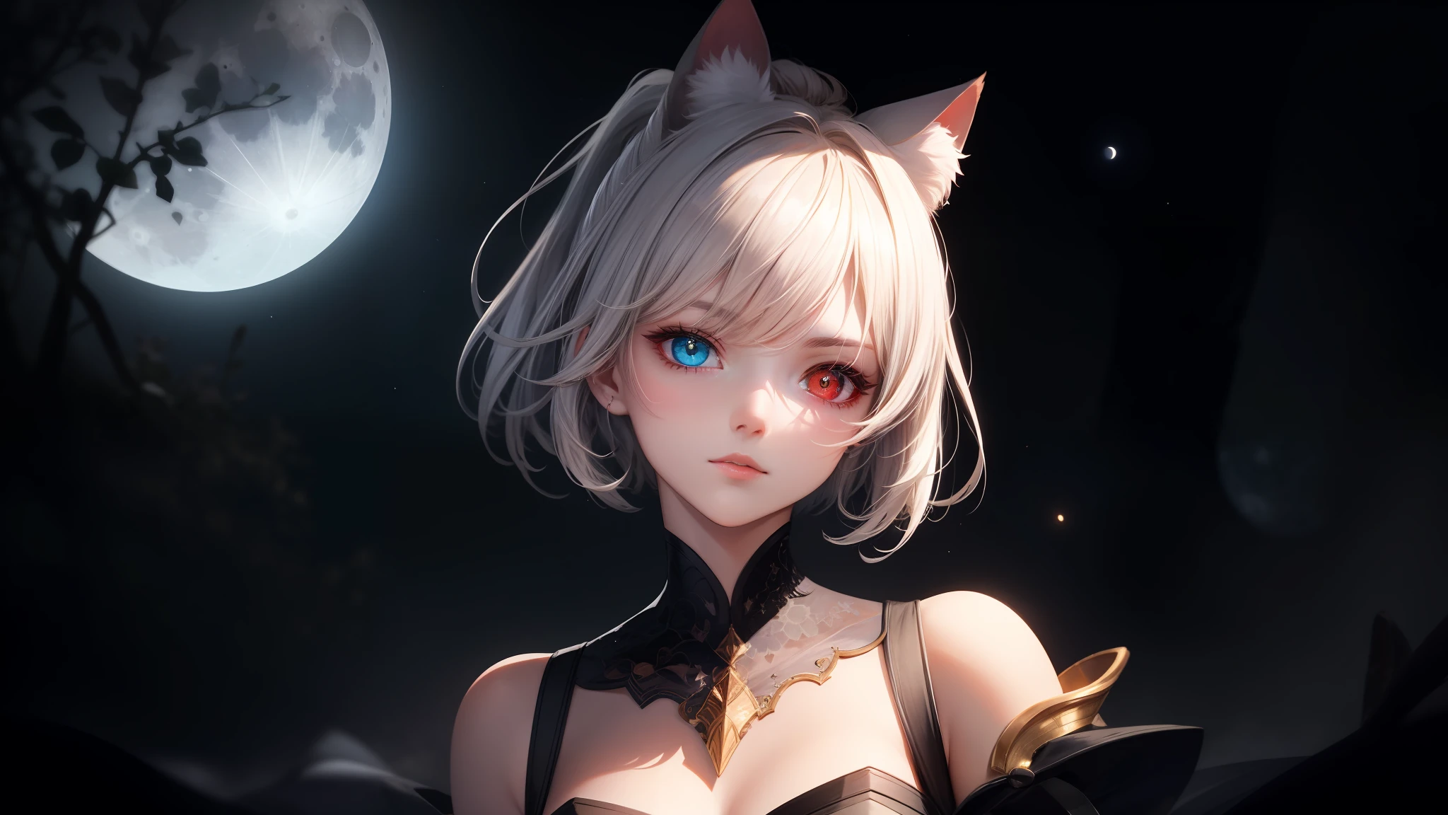 Masterpiece, (Best Quality:1.2), (Super Detail:1.2), Illustration, (Very Delicate and Beautiful:1.2), Cinematic Angle,(Beautiful Detail Eyes:1.1), (Detail Light:1.1),Movie Lighting, Beautifully Detailed Sky, White Short Hair, (Blue and Red Eyes), (High Ponytail:1.1), Glowing Eyes, (Moon:1.2), (Moonlight:1.1), Starry Sky, (Lighting Particles:1.1), Fog, Snow Painting, sketch, flower, (cat ears), (((heterochromia))), adult woman, shorthair, one girl