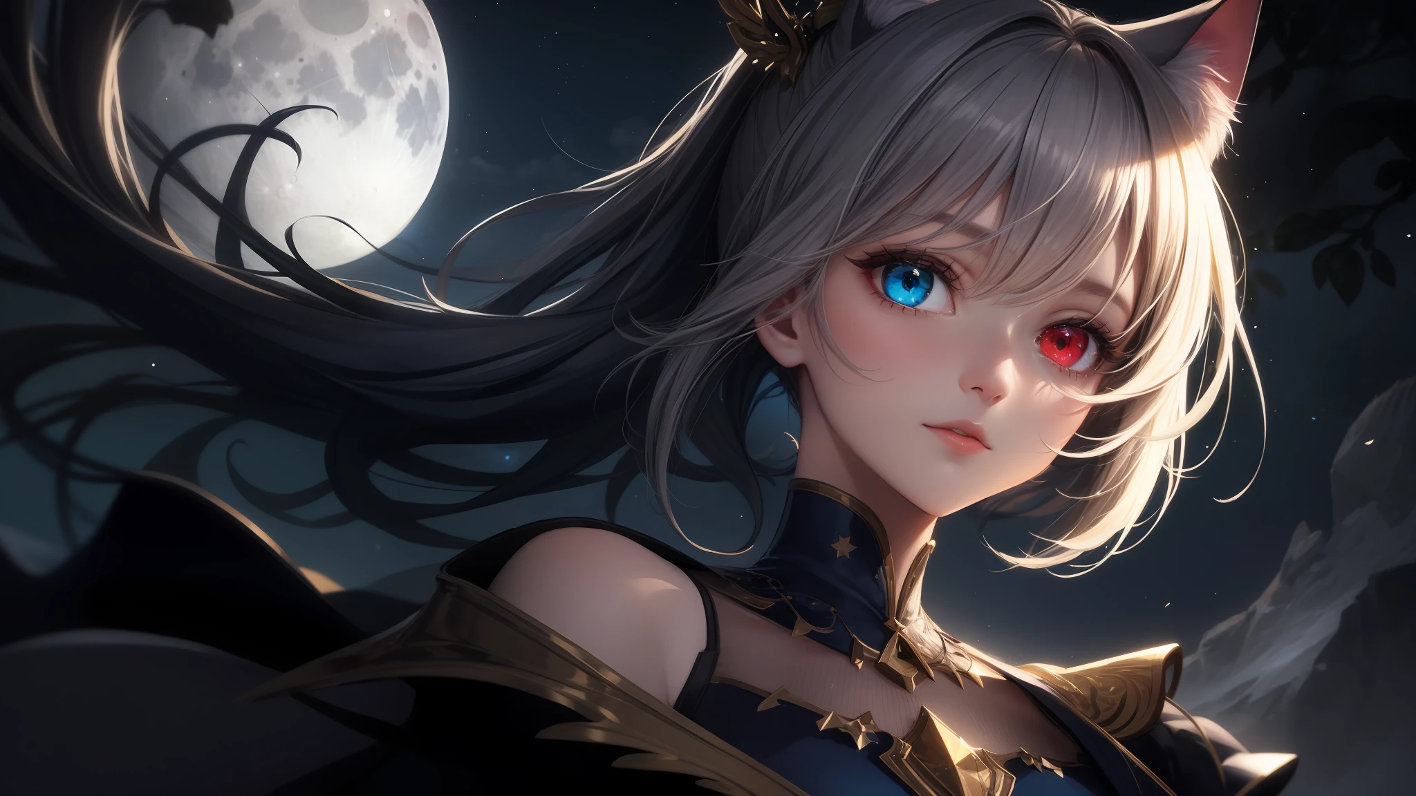 Masterpiece, (Best Quality:1.2), (Super Detail:1.2), Illustration, (Very Delicate and Beautiful:1.2), Cinematic Angle,(Beautiful Detail Eyes:1.1), (Detail Light:1.1),Movie Lighting, Beautifully Detailed Sky, White Short Hair, (Blue and Red Eyes), (High Ponytail:1.1), Glowing Eyes, (Moon:1.2), (Moonlight:1.1), Starry Sky, (Lighting Particles:1.1), Fog, Snow Painting, sketch, flower, (cat ears), (((heterochromia))), adult woman, shorthair, one girl