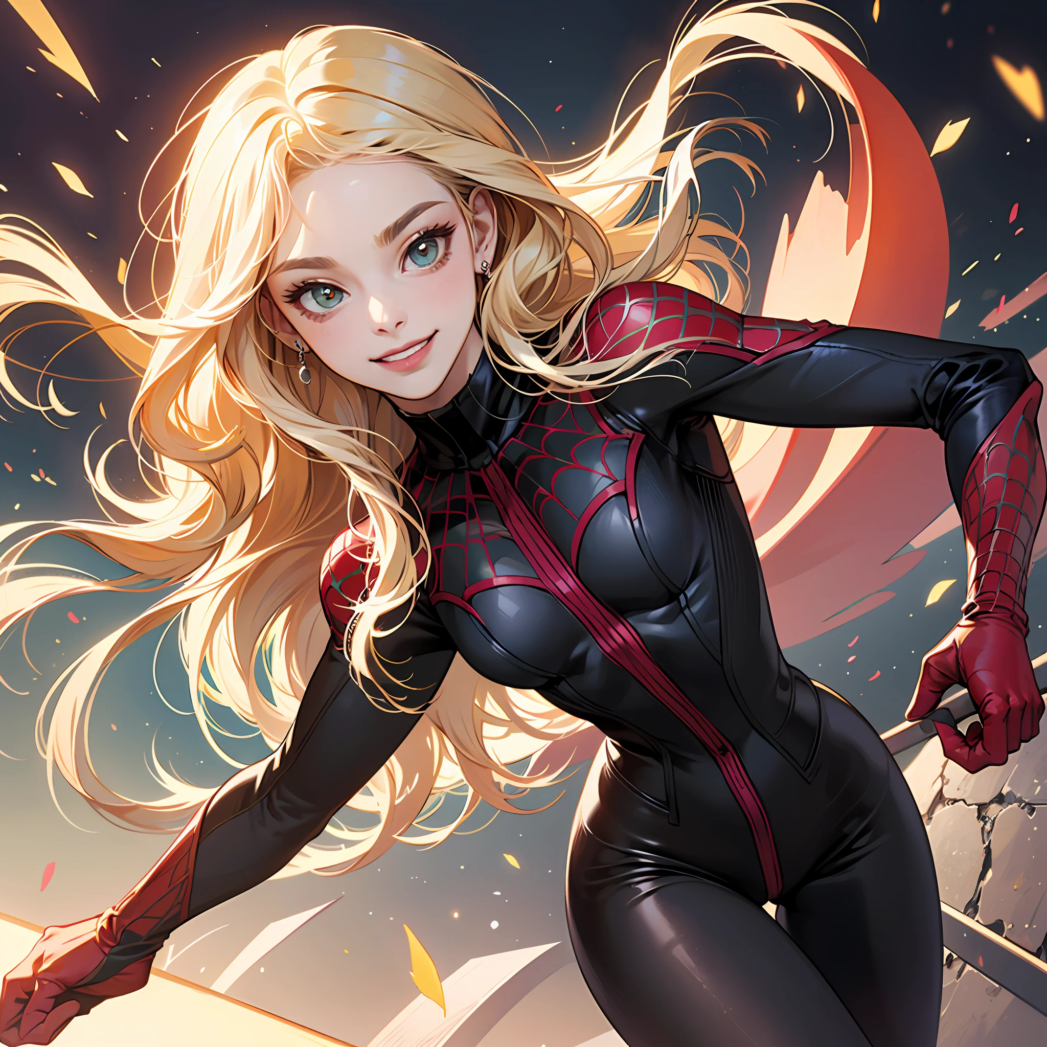 (obra-prima, melhor qualidade), detalhes intrincados, 1girl solo, gwen stacy, cabelo loiro, cabelo curto, animificação, piercing de sobrancelha, terno spider, bodysuit, superhero
Smiling --auto