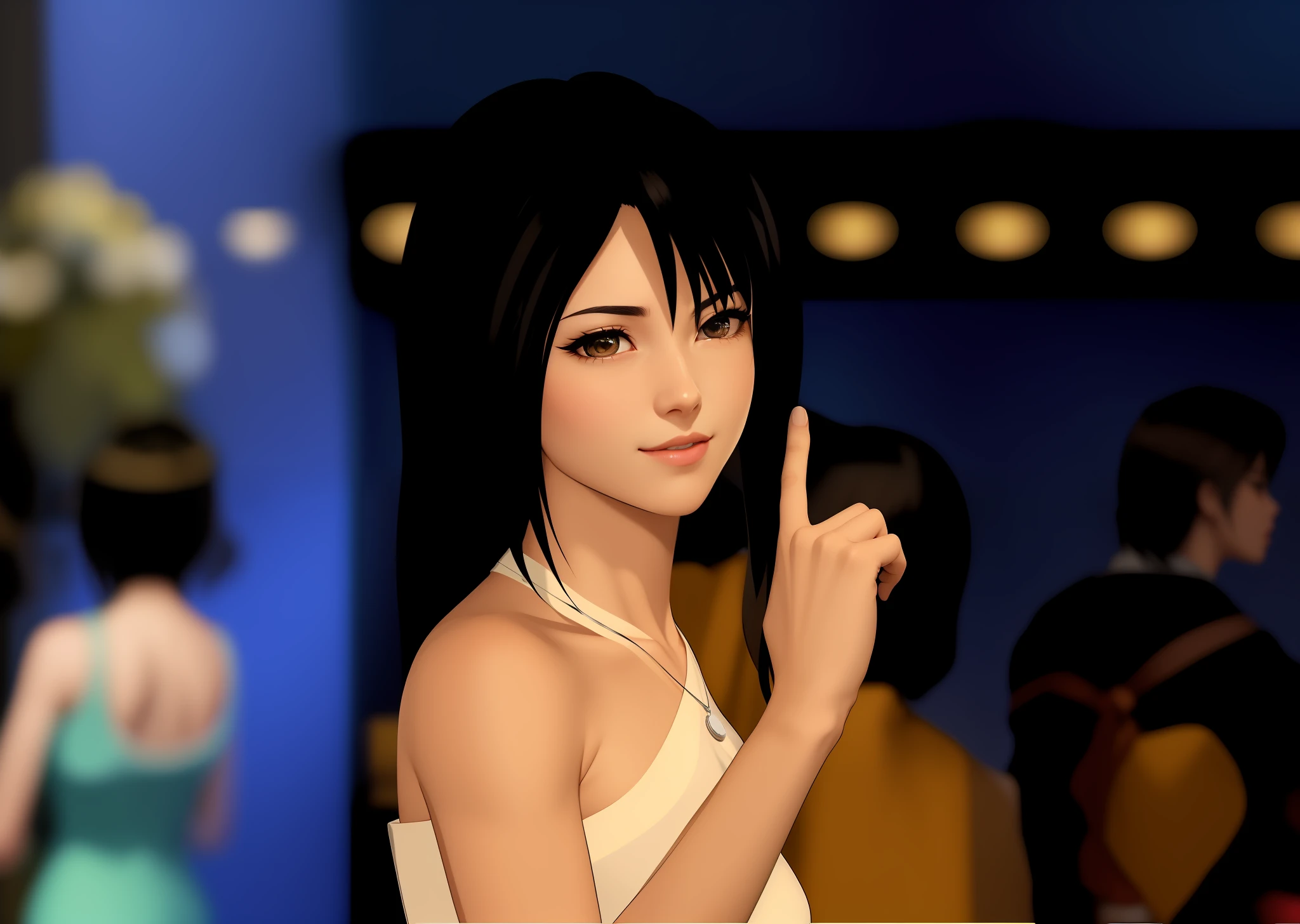 Rinoa Heartilly, dark brown eyes, white dress, wearing a silver necklace with a silver ring as a pendant, anime girl with black hair and white dress pointing at camera, Glamour Tifa Lockheart, Tifa, seductive tifa lockhart portrait, Portrait de Tifa Lockhart, Tifa Lockhart, Tifa Lockheart, Portrait de Tifa Lockhart, Nico Robin, Tifa Lockhart aux cheveux blancs, beautiful avatar pictures, from ff7, anime styled 3d, Smooth anime CG Art . (Masterpiece : 1,8), 64k quality, final fantasy artwork concept, detailed manga eyes, detailed hair, detailed clothes, detailed body, cleaner designs, detailed face pronounced, shiny objects like jewels, see creases on clothes, more coherent clothing, more rounded eyes transparent liquid globular, more colors, more coherent clothing , correct the features of the clothes, better eyes contour, better shoulders, really colorful, coarser line, black line, finishing . (coarser line) (black line) (homogeneous rendering: 1.3)