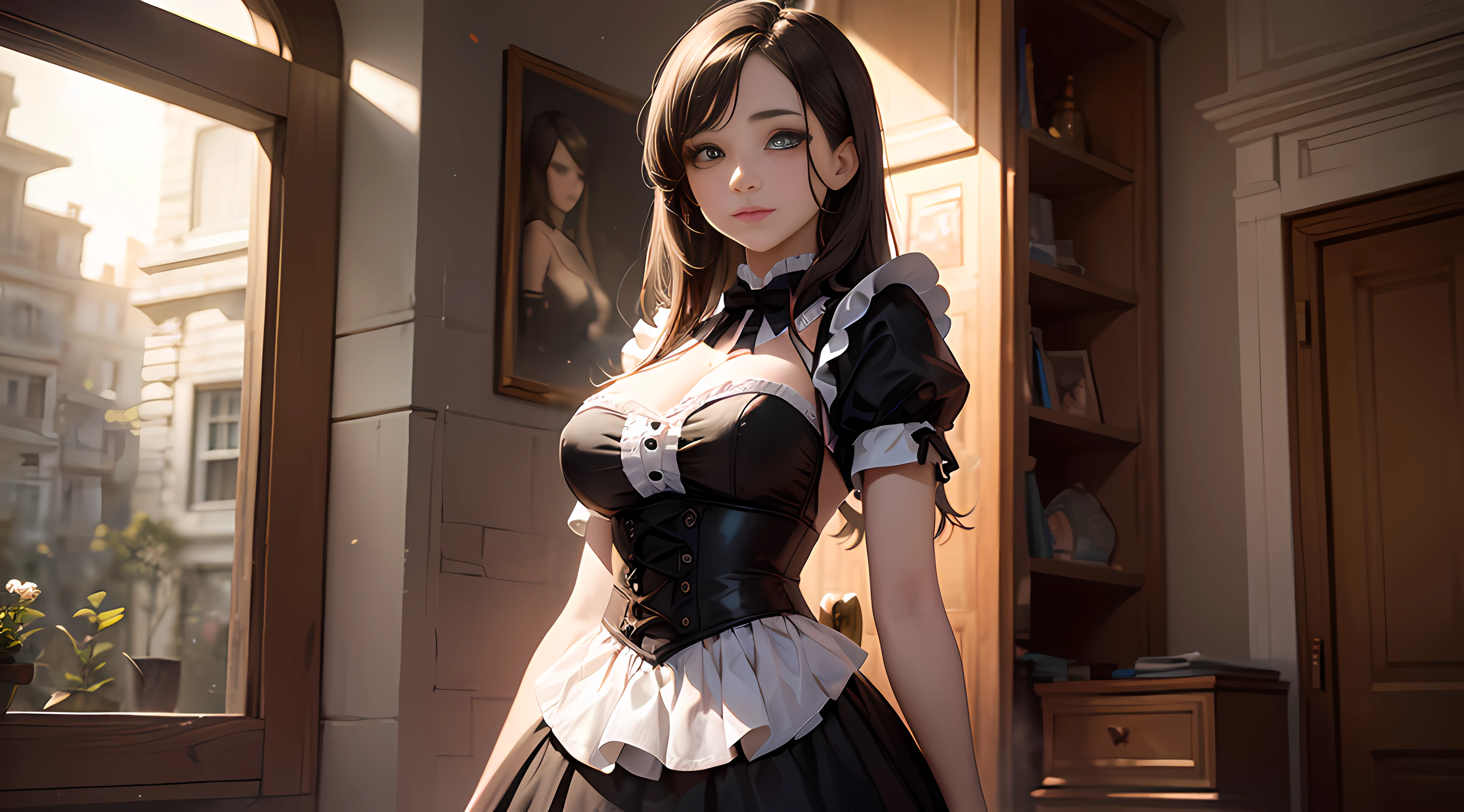 (prettyeyes:1.4) detailed face, A stunning photograph of a girl in sexy maid outfit, beautiful eyes, standing in an old manor, captured in a naturalistic style by photographers Sam Yang and Ross Tran. The scene is highly-detailed, with intricate textures on the lady's clothing and sharp focus on the surrounding buildings. The lighting is bright and optimistic, with the sunlight creating a warm glow and a sense of hope and positivity,