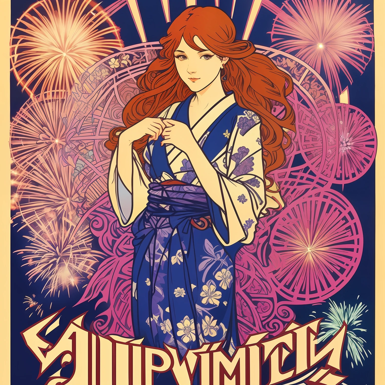 (Poster of women in yukata with fireworks)、Modern Art Nouveau、Alphonse Mucha、Alphonse Mucha style、Raphael and Alphonse Mucha、Art New、ginger。Art Nouveau、Artem Demurat Alphonse Mucha、Art Nouveau、Mucha Art Nouveau、Art Nouveau masterpieces --auto