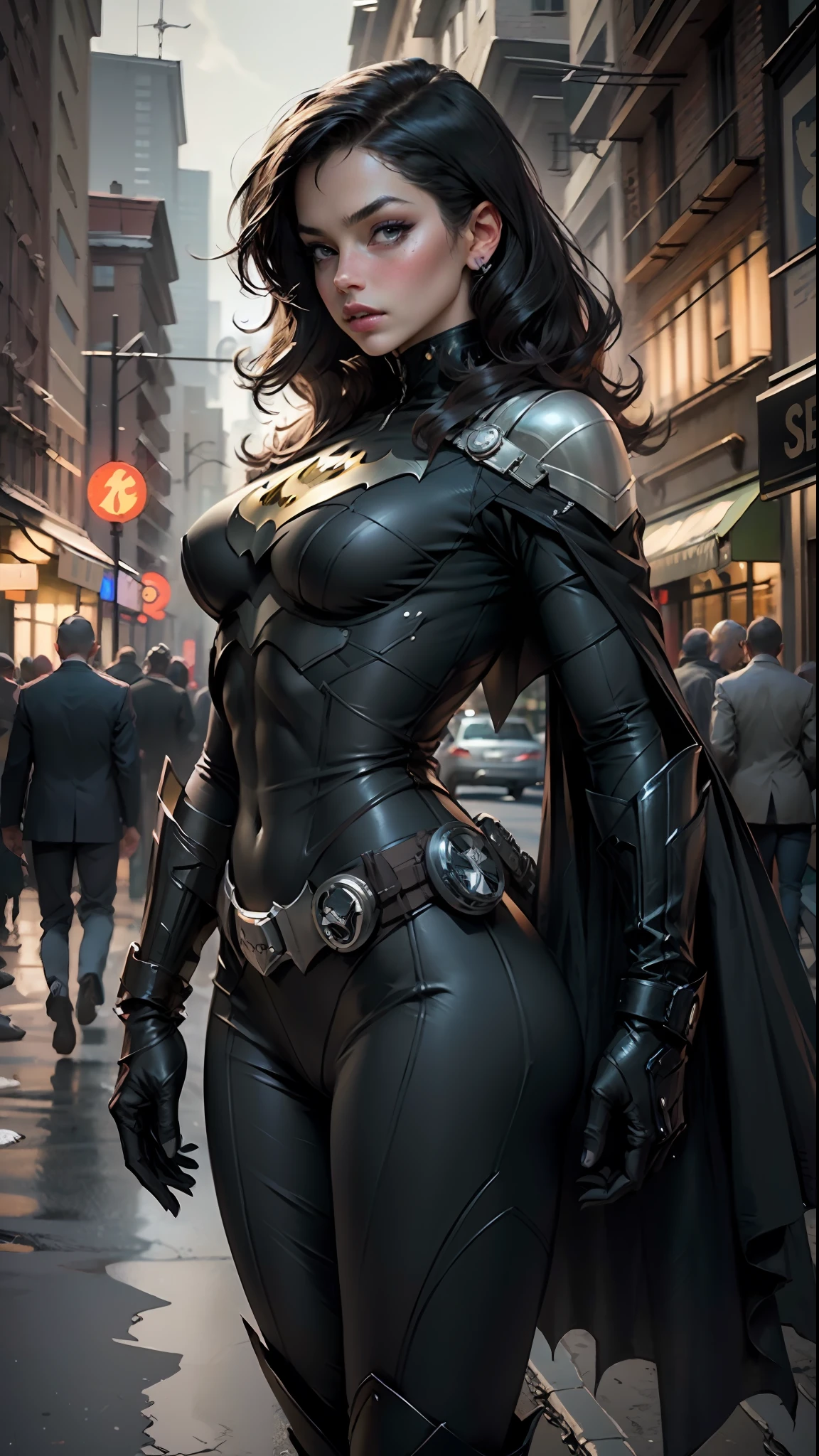 Linda mulher corpo definido detalhado usando cosplay batman, seios grandes, gotham city, noite, cabelo branco