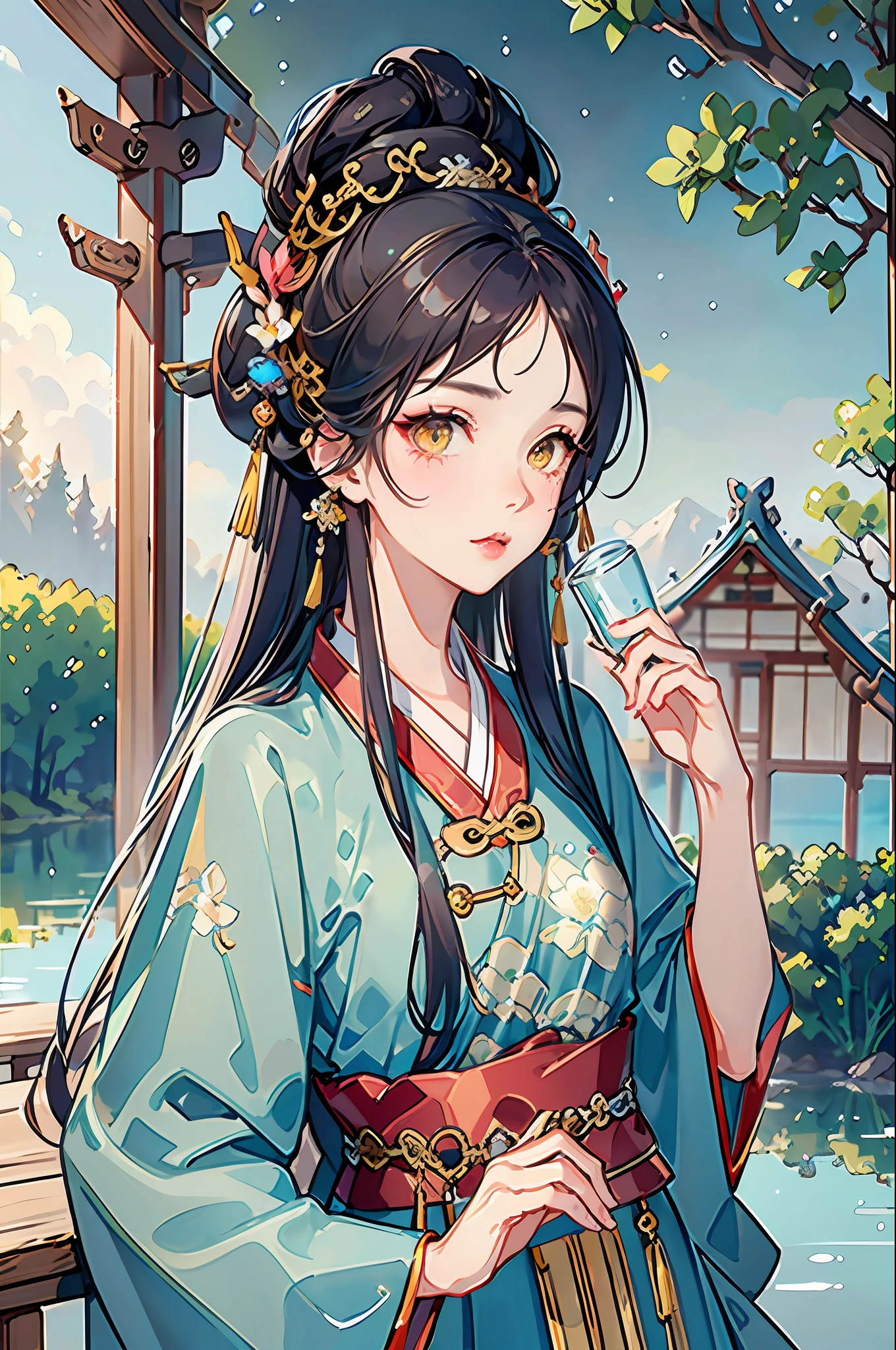 best quality, intricate details, highres,(beautiful detailed water:1.4),(hanfu, tang style),yellow eyes,(1girl in glass jar:1.1),