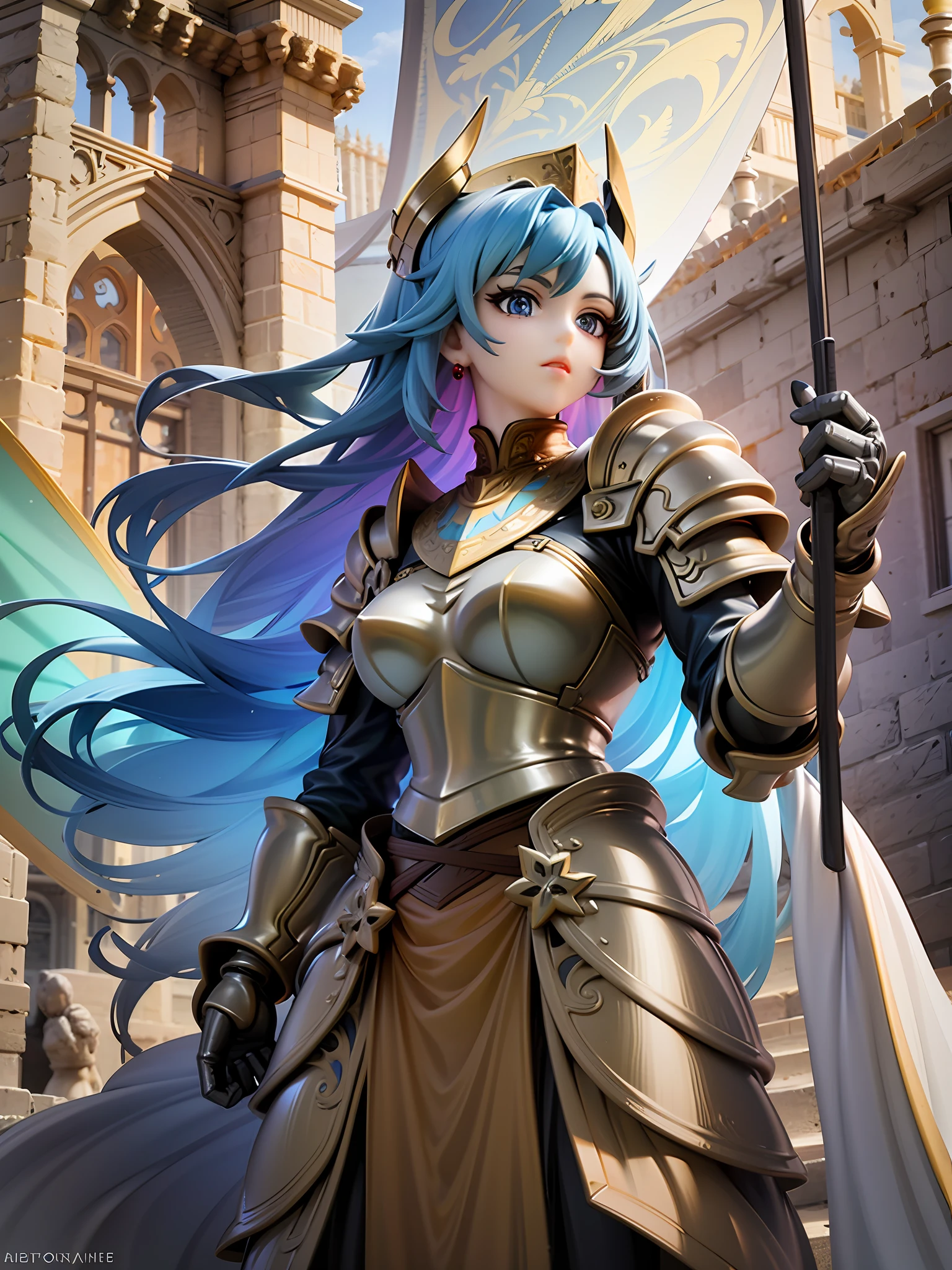 female knight, vivid colors, metallic, exquisite armor, large banner, beautiful face, standing atop stone fort tower, detailed armor design, brightly colored hair, brightly colored eyes, holding banner, stone fort tower,