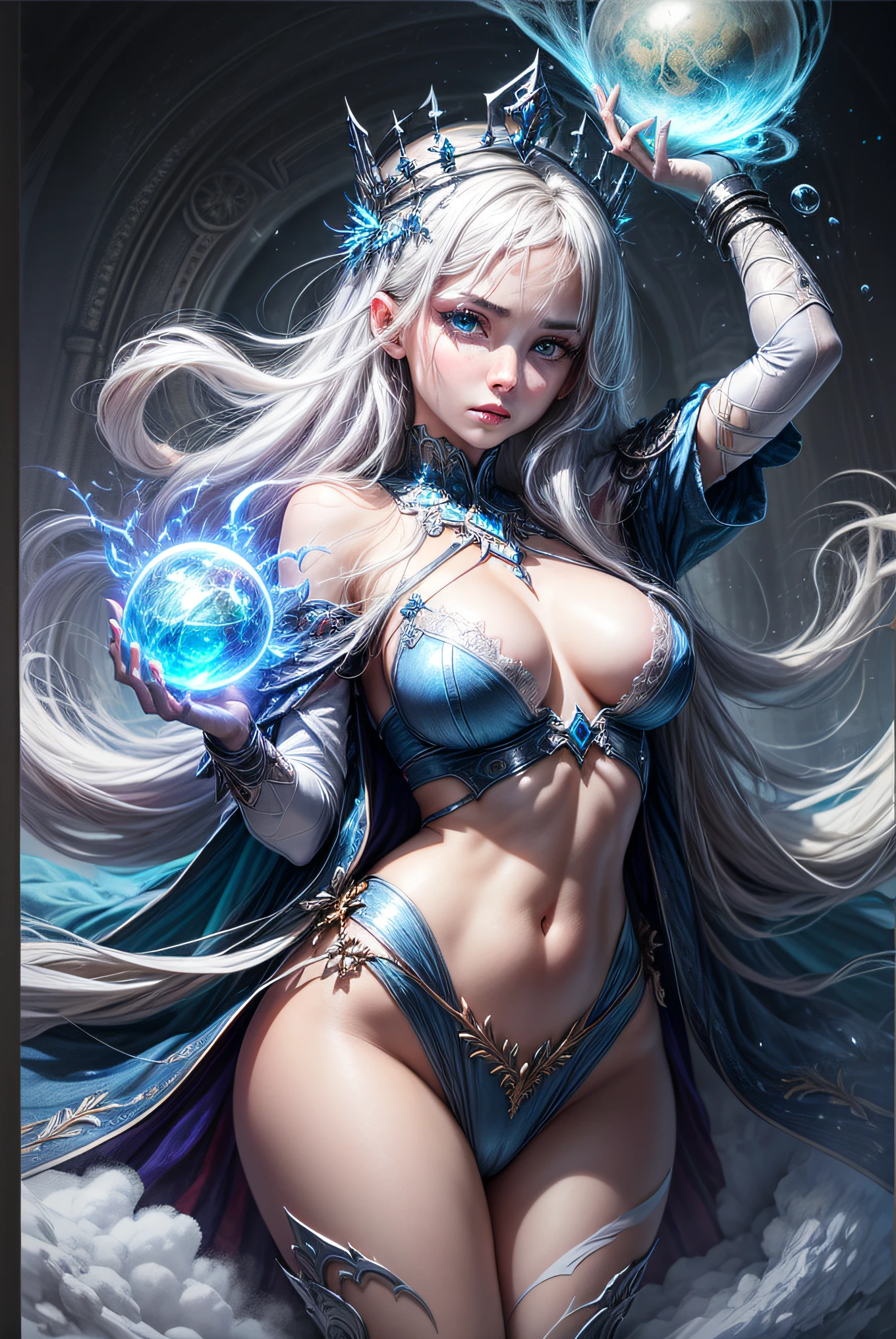 (masterpiece, top quality, best quality, official art:1.2), (detailed), (1girl:1.3), ((one of her eyes is a middle of powerful vortex)), magic vortex, ice magic, snow, blue fire, cold aura, ice spell conjunction, anime epic scene, action, (((detailed perfect face))), fantasy, destroyed city, power-hungry, sharp icicles, sexy body, mature body, seductive body, from above, panoramic view, wide shot, glowing eyes, blue eyes, crown of ice, freezing sphere in a hand, white hair, blue light