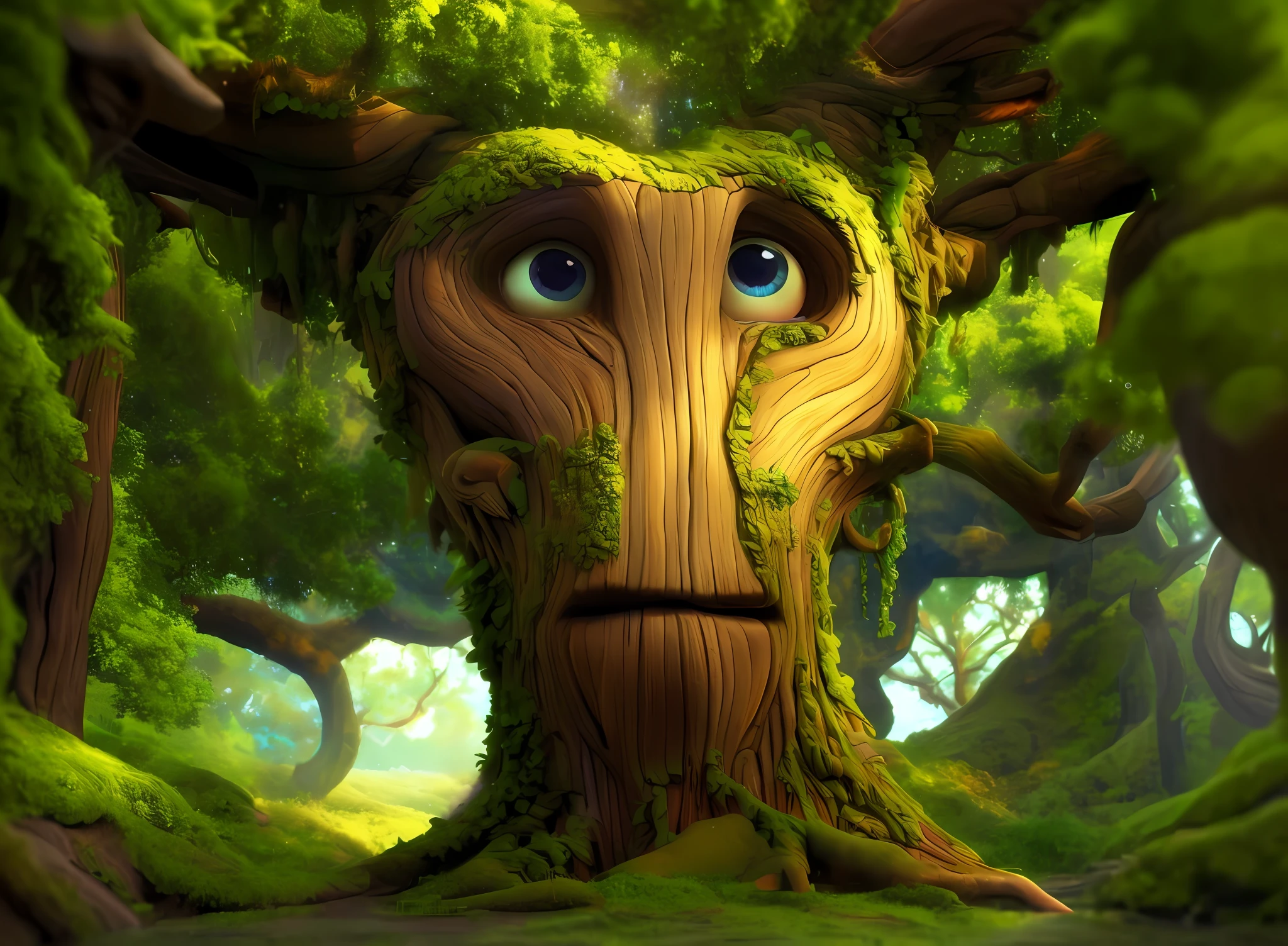 a close up of a tree with a face made out of moss, Mas, bela arte digital, arte digital muito bonita, belas fotos avatar, bela arte conceitual 3D, fantasy tree, Mass, Treant, bela arte digital, 3 d epic illustrations, arte digital detalhada bonito, Arte digital alucinante, Arte 3D digital detalhada, arte digital hiper detalhada