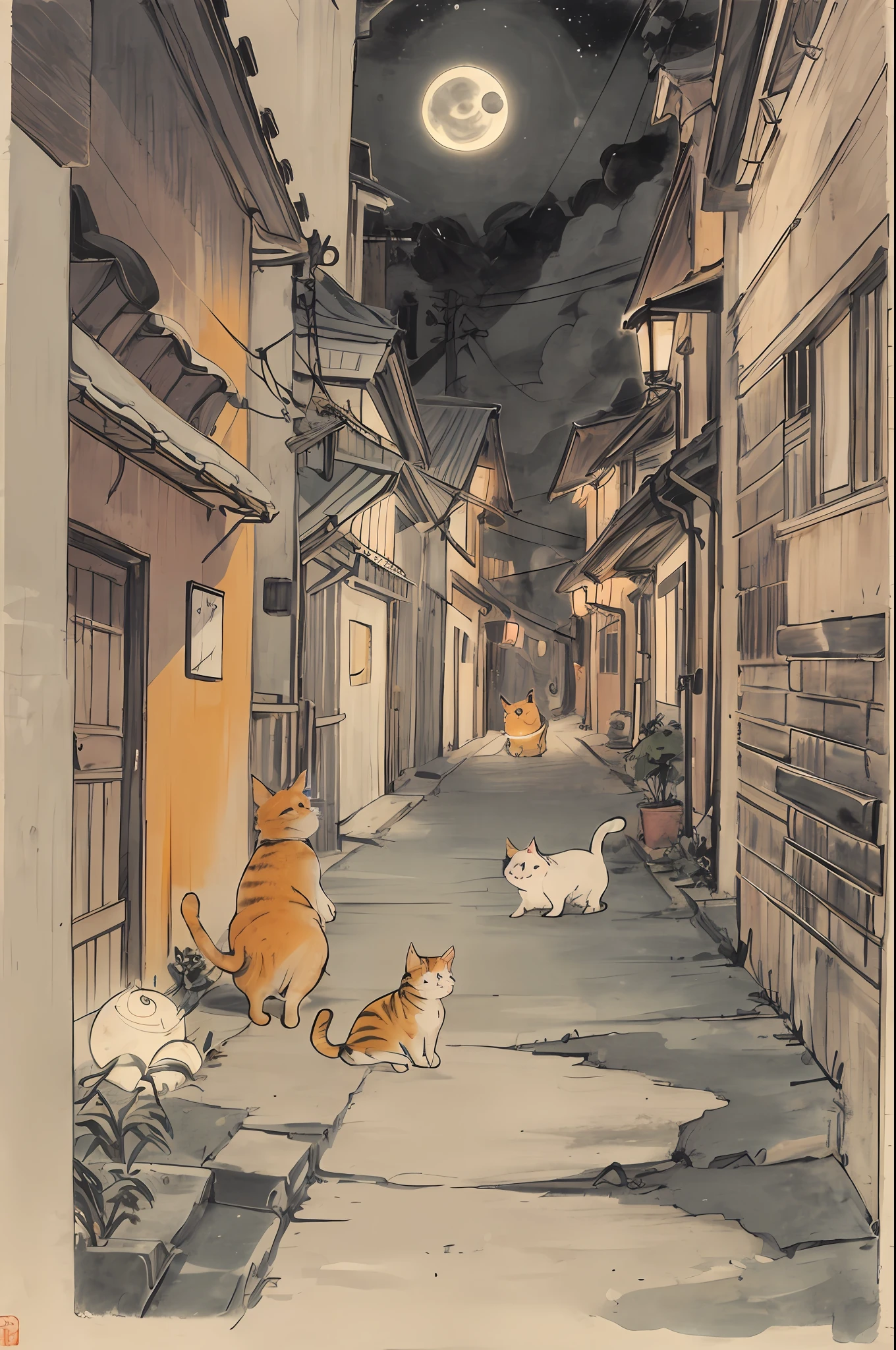 cat, orange, cute, big eyes, masterpiece, full moon, alley
