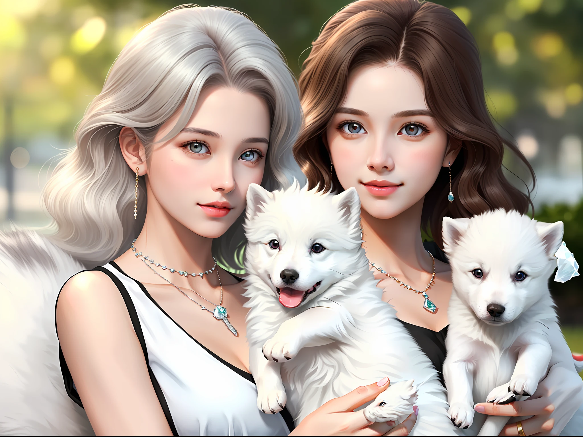 A girl with,Hair is medium length,realisticlying,Coffee-colored eyes,Wearing a delicate diamond necklace,Holding a white Samoyed puppy,The girl is beautiful and beautiful,A half body