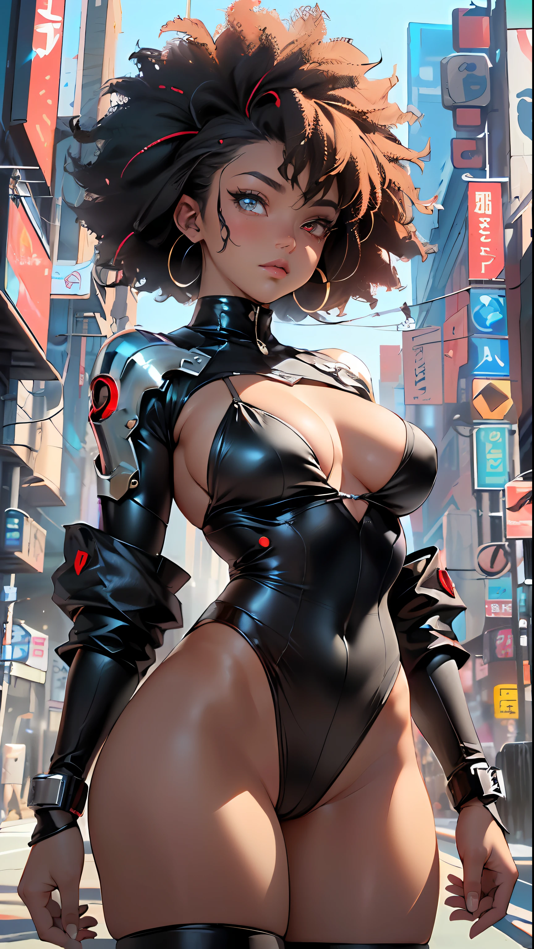 girl spacepunk, (1girl:1.3), ((1 extremely cute and beautiful afro haired anime girl)),
(large breasts:1.4), saggy breasts, (((black afro hair:1.35, afro hair, afro, black afro hair, dark hair, black hair, medium hair)), ((heterochromia, eye1 orange, eye2 red, perfect eyes, upturned eyes:1.3, beautiful detailed eyes, finely detailed beautiful eyes:1, symmetrical eyes:1, big highlight on eyes:1.2, symmetrical eyes:1, big highlight on eyes:1.2)), (fat:1.2), 7.5 life size, (((black skin, dark-skinned_female, dark skin:1.3, ebony skin, lustrous skin:1.5, bright skin: 1.5, skin tanned, shiny skin, very shiny skin, shiny body, plastic glitter skin, exaggerated shiny skin))), (spider lower abdomen, narrow waist, wide hip, athletic body, inflated legs, delicate detailed fingers, hand consists of a short thumb and four fingers, hand with just five fingers, detailed body, detailed arms, human hands, detailed hands,),
cute, slutty, sensual, seductive look, seductive, erotic, enchanting, nsfw,
zettai ryouiki, revealing clothing, show skin, (wearing a mechanical space body armor:1.3, micro bikini, bare legs), (detailed outfit, detailed clothes),
(dynamic pose:1.0), solo focus, embarrassed, centered, scale to fit dimensions, Rule of thirds,
outdoors, (cyberpunk Background: 1.5, detailed background:1.25),
(Isometric: 1.0), double exposure, (masterpiece, best quality:1.3), (highres:1.5), absurdres, ultra detailed, cinematic light, realistic, ultra-realistic, high contrast, extraordinarily nice, vibrant colors, (intricate), HDR (High Dynamic Range),Ray Tracing,NVIDIA RTX,Super-Resolution,Unreal 5,Subsurface dispersion, PBR texture, Post-processing, Anisotropic filtering, Depth of field, Maximum clarity and sharpness, Multilayer textures, Albedo and specular maps, Surface shading, Accurate simulation of light-material interaction, Octane Render, Two-tone lighting, Wide aperture, Low ISO, White balance, 8K RAW, Saturation boost,