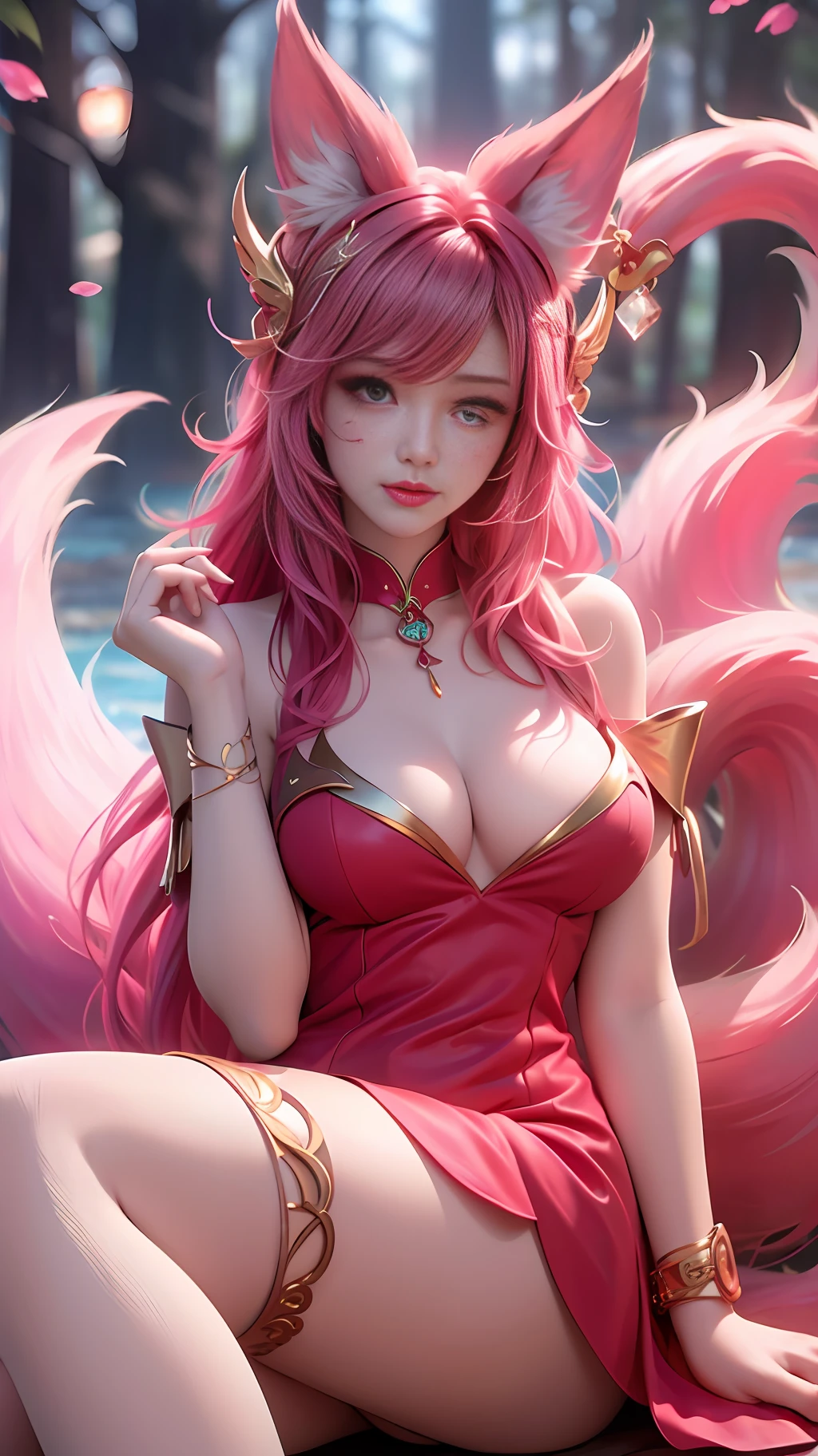 face lighting,bright backlight,medium breasts,super high resolution,best quality,Photos,4k,(Realistic:1.2),
1 girl,cute,cosplay,Ahri (League of Legends),looking at viewer,(moderate breasts:1.1),nine tails,long ears,green eyes,(long wavy hair:1.2),white and gold headdress,red and gold qipao dress,(thigh-high stockings:1.3),red high heels,red and gold bracelets,in a moonlit forest,