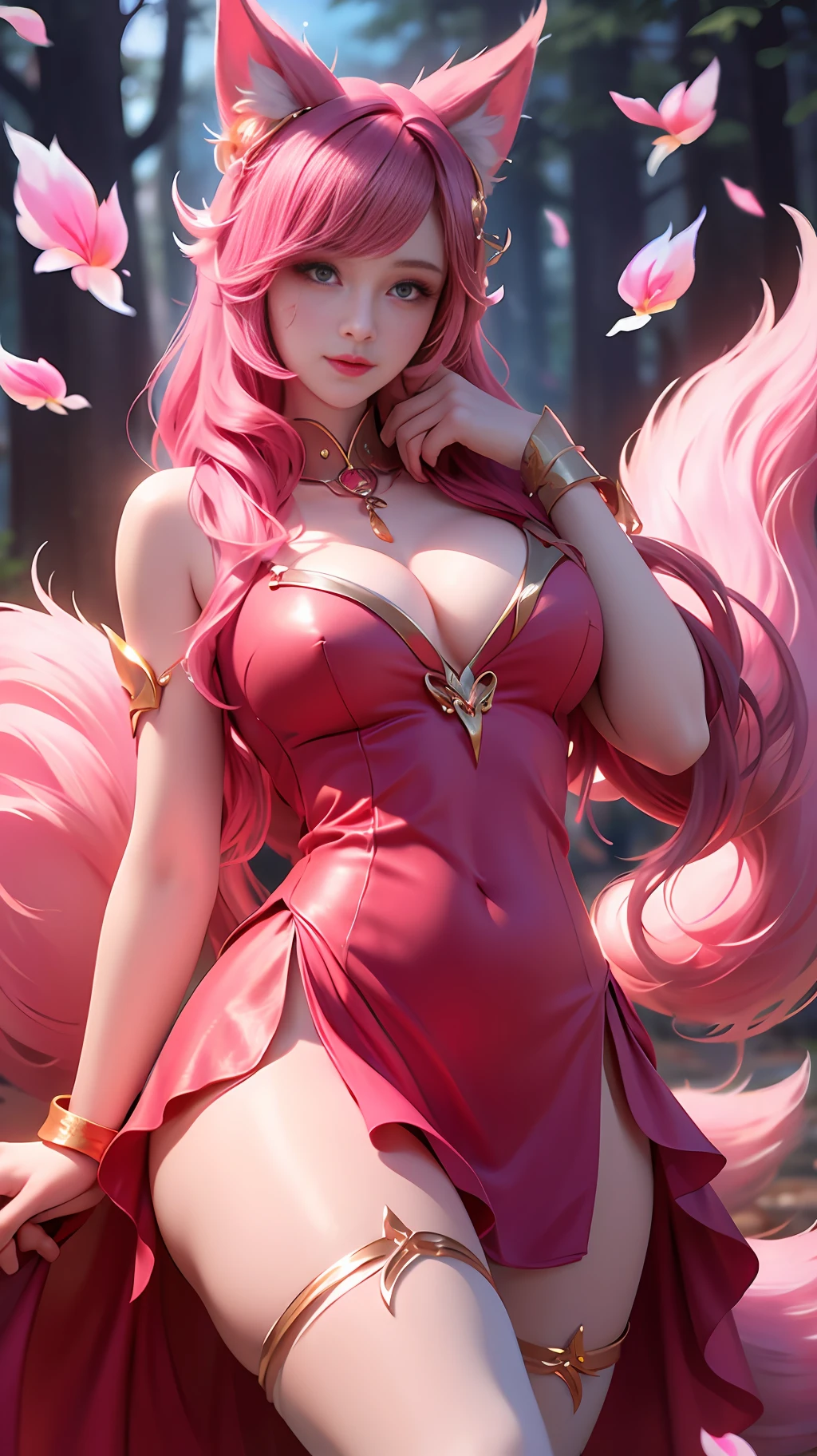 face lighting,bright backlight,medium breasts,super high resolution,best quality,Photos,4k,(Realistic:1.2),
1 girl,cute,cosplay,Ahri (League of Legends),looking at viewer,(moderate breasts:1.1),nine tails,long ears,green eyes,(long wavy hair:1.2),white and gold headdress,red and gold qipao dress,(thigh-high stockings:1.3),red high heels,red and gold bracelets,in a moonlit forest,