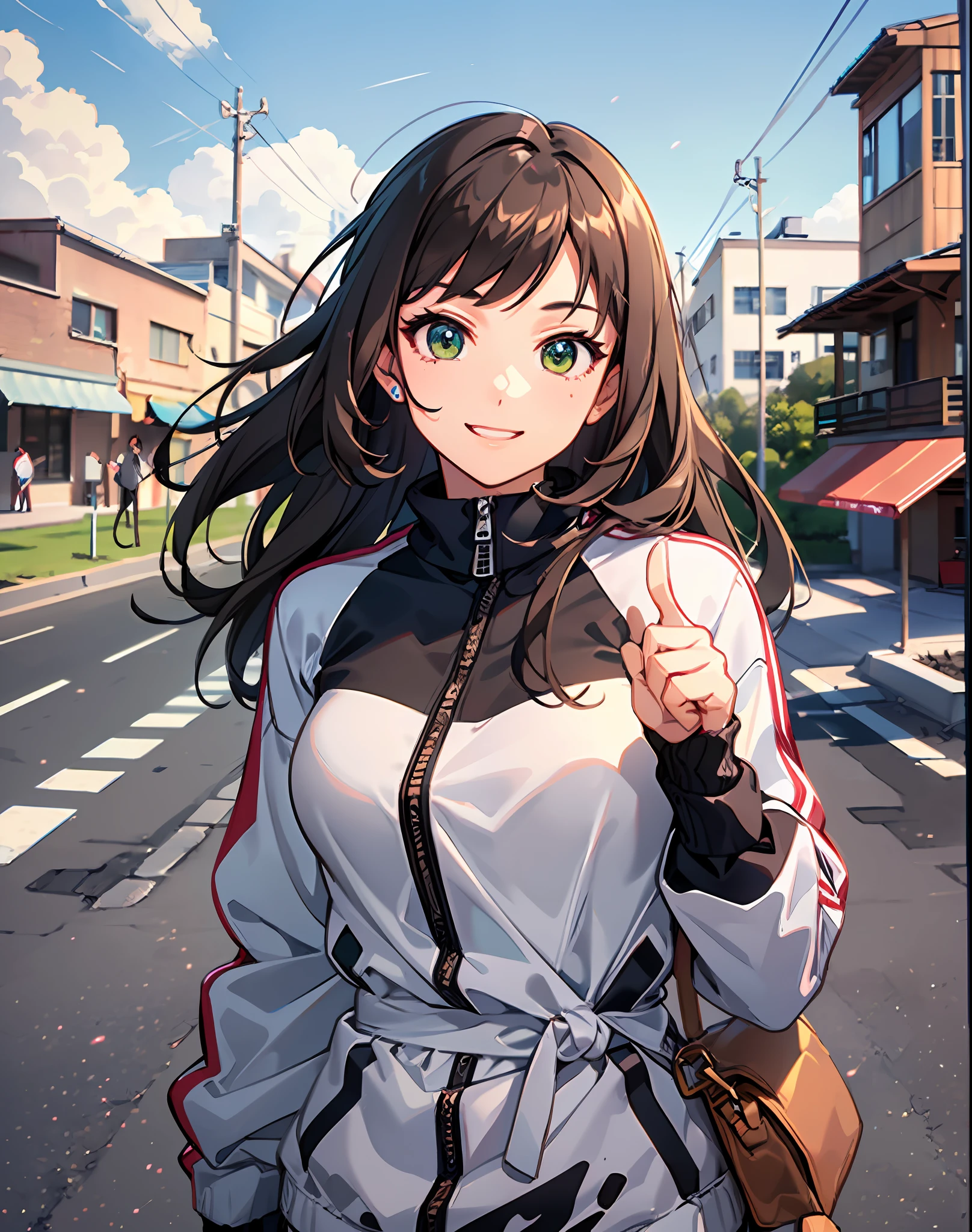 cow-boy shot,(1人の女性:1.3),(put up index finger:1.5),(very beautiful women),a masterpiece of,Sophisticated creativity,Super-High Resolution, animated cartoon, (By Shinkai Makoto),Professional Lighting,break,Dynamic lighting,Super Detail Skin,intricate detailes,hyper detailled,Sharp Detail,Hi-Res,(Delicate facial features:1.3),break,(Wide Angle:1.3),(a sense of depth:1.5),(Light transmission),(Detailed background depiction),break,{{School sports ground}}},{School},{{{{Dirt ground}}},break,A woman is standing looking at me with a smile,Women are wearing tracksuits wearing windbreakers,Dark brown hair,waved hair,eyeshadows,teak,ample breasts,Big and beautiful eyes,Focus on the eyes,Beautiful green eyes,Wearing red glasses,Smile with your mouth wide open:1.3