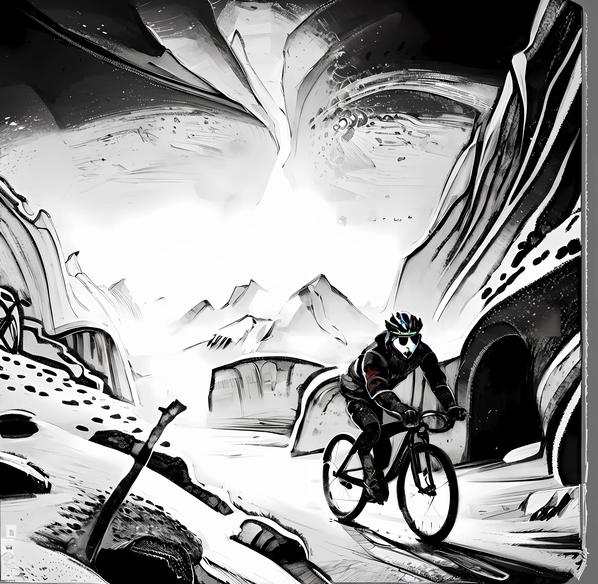 there is a man riding a bike in a mountain area, illustration!, inspirado em Frans Masereel, stylised illustration, colorida, inspired by Slava Raškaj, inspirado em Wojciech Siudmak, Directed by: Robert Freebairn, stylised graphic novel, An illustraion, high contrast illustrations, Directed by: Joe Stefanelli, high contrast illustration