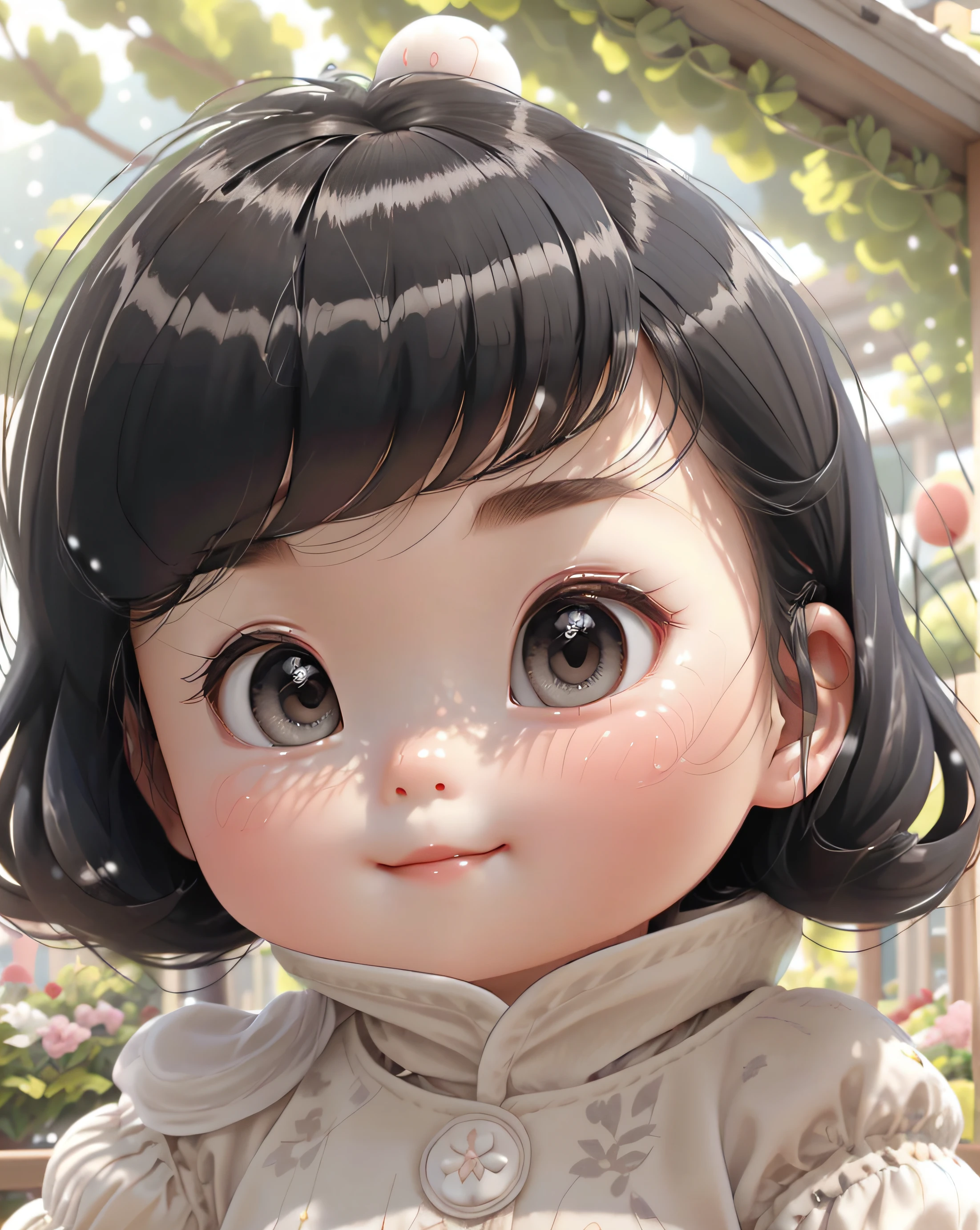 the best quality,1girl huge large breasts, dollface, ssmile, lovly, C4D,This cute baby face appears on a young girl。Her face is petite and delicate,It reveals an atmosphere of youth and innocence。Her complexion was as white as snow,It appears pure and transparent in sunlight。Black hairstyle,With Chinese features
