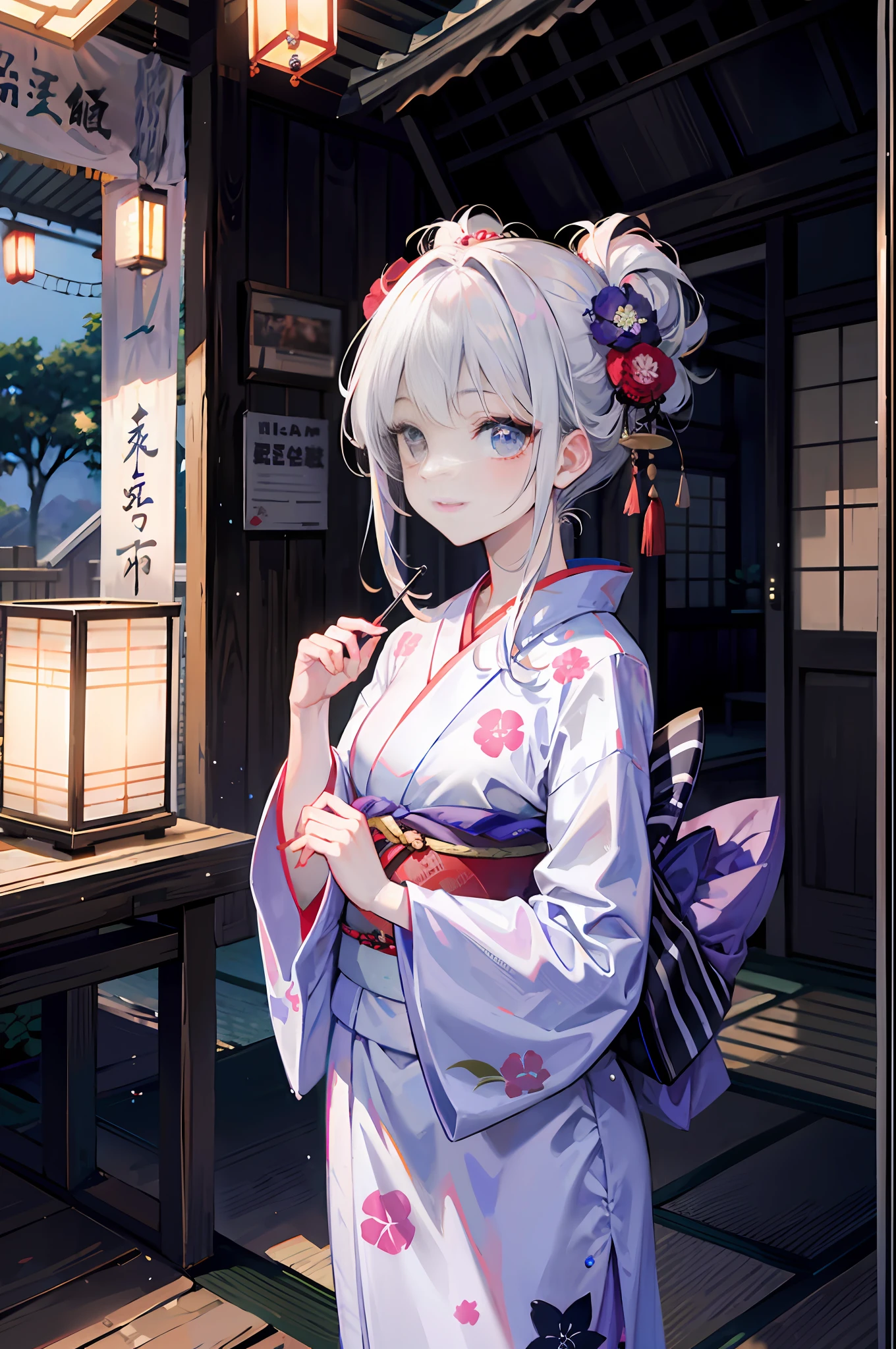 (a masterpiece of、beste-Qualit:1.2)、ultra hyper-detailed、lighting like a movie、Beautiful woman with sparkler、A smile、woman wearing the kimono, bath robe, classy yukata clothing, Wearing a colorful yukata, in a kimono, Wearing a kimono, japanese kimono, in a kimono, Komono, wearing a haori, Yukata with morning glory pattern, A Japanese style, Wearing kimono,