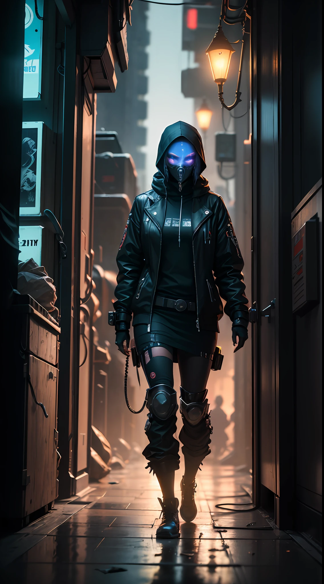 Cyberpunk City, insidious, evil, Cyberpunk ninja, cyber punk personage, Mechanical modification, Immediate action, high detail, Hyperrealism, cinematic lighting, glowing light, chromatic aberration abuse, 8k, best quality, award winning, masterpiece, highres --auto