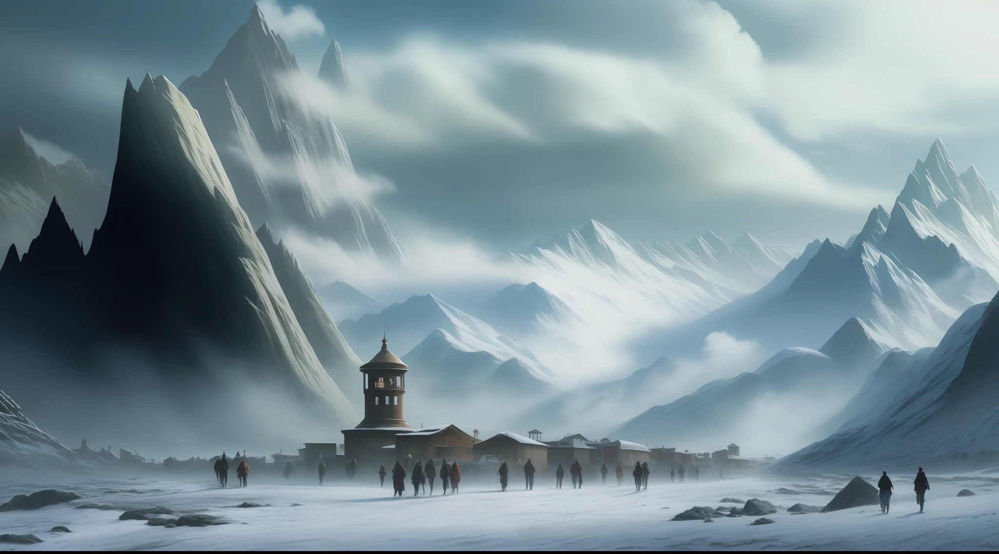 Imagem de um grupo de pessoas caminhando por uma montanha nevada, epic cinematic matte painting, Cidade de gelo em 2 0 8 0, amazing exquisite matte painting, epic matte painting, symmetric matte painting, matte painting of steam machines, arte conceitual de pintura fosca, pintura fosca requintada, Pintura fosca elaborada, pintura fosca extravagante, pintura fosca bonita, Fantasia pintura fosca