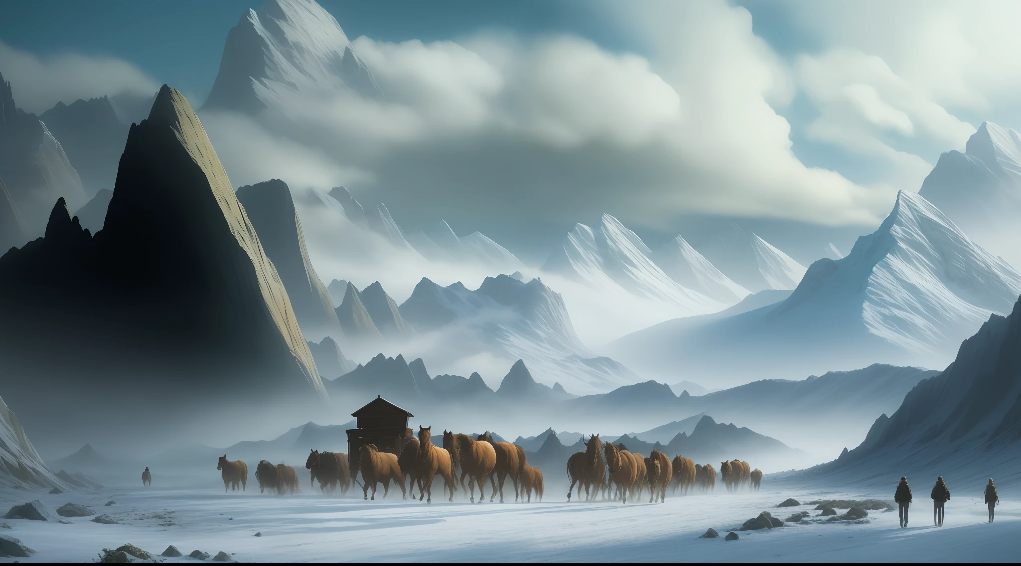 Imagem de um grupo de pessoas caminhando por uma montanha nevada, epic cinematic matte painting, Cidade de gelo em 2 0 8 0, amazing exquisite matte painting, epic matte painting, symmetric matte painting, matte painting of steam machines, arte conceitual de pintura fosca, pintura fosca requintada, Pintura fosca elaborada, pintura fosca extravagante, pintura fosca bonita, Fantasia pintura fosca