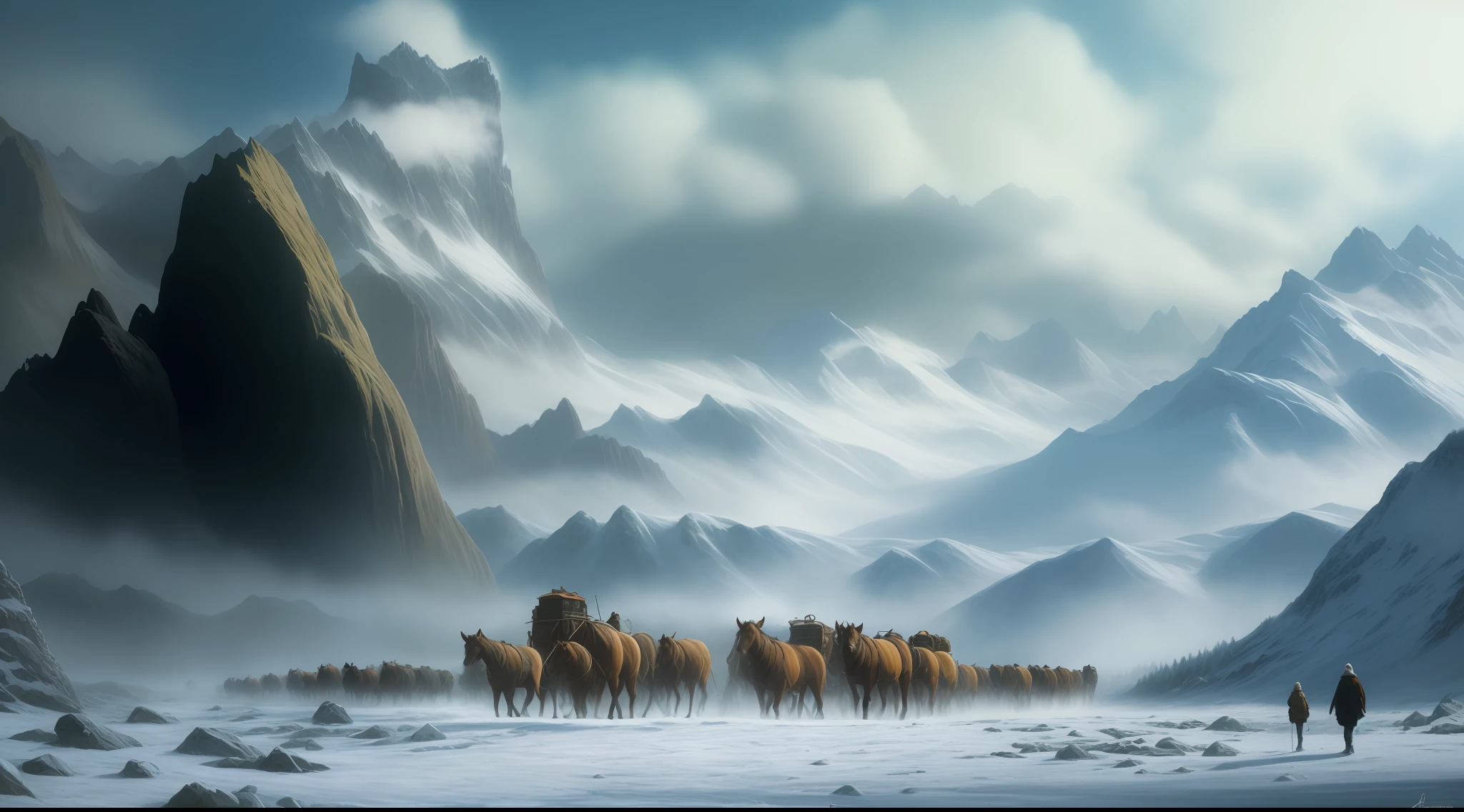 Imagem de um grupo de pessoas caminhando por uma montanha nevada, epic cinematic matte painting, Cidade de gelo em 2 0 8 0, amazing exquisite matte painting, epic matte painting, symmetric matte painting, matte painting of steam machines, arte conceitual de pintura fosca, pintura fosca requintada, Pintura fosca elaborada, pintura fosca extravagante, pintura fosca bonita, Fantasia pintura fosca