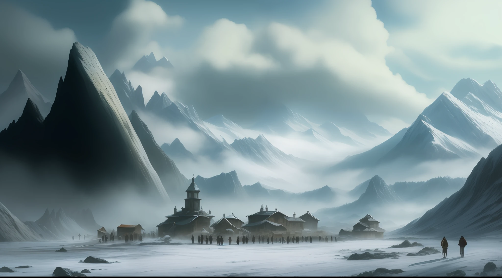 Imagem de um grupo de pessoas caminhando por uma montanha nevada, epic cinematic matte painting, Cidade de gelo em 2 0 8 0, amazing exquisite matte painting, epic matte painting, symmetric matte painting, matte painting of steam machines, arte conceitual de pintura fosca, pintura fosca requintada, Pintura fosca elaborada, pintura fosca extravagante, pintura fosca bonita, Fantasia pintura fosca