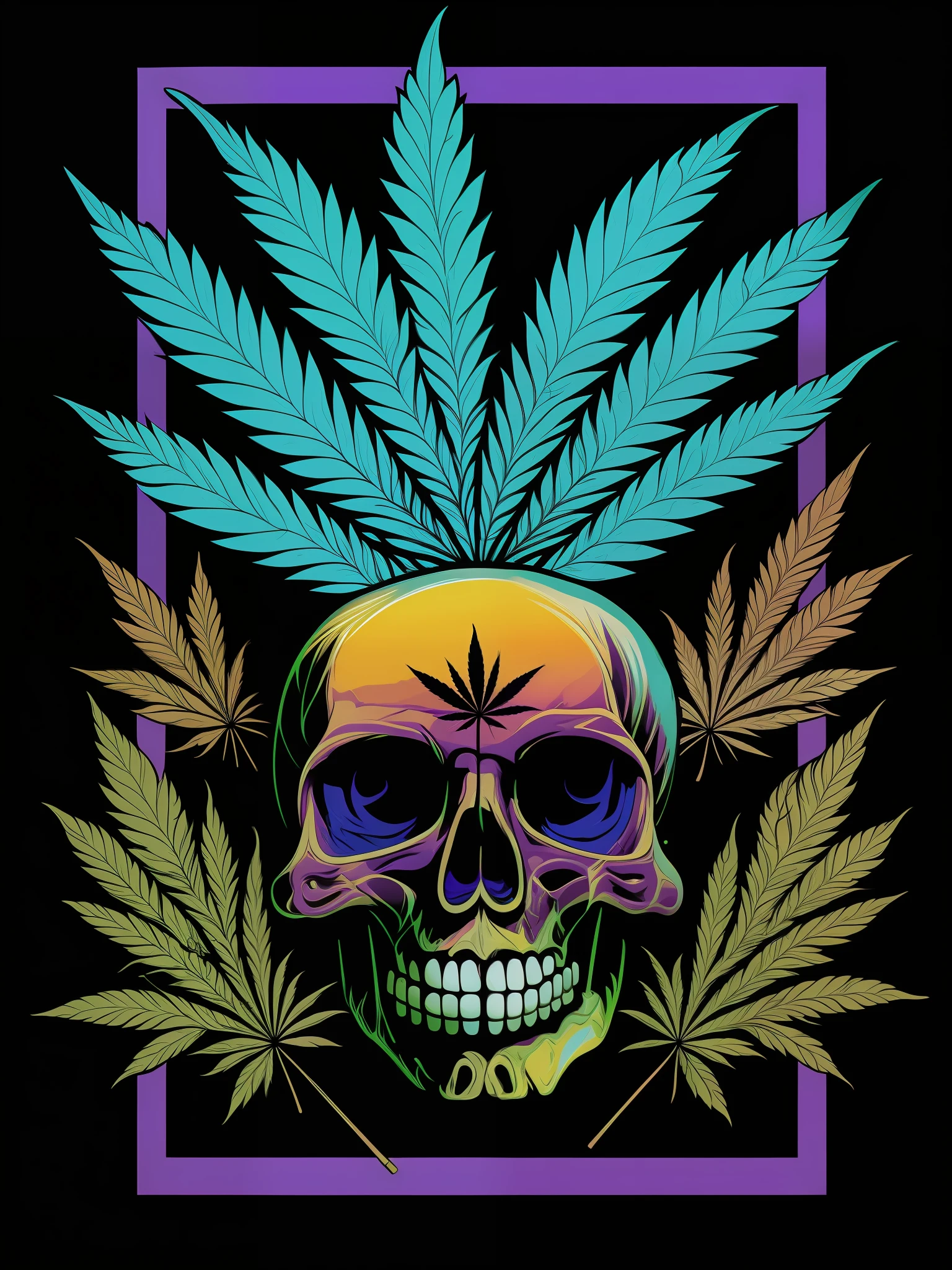 skull, marijuana, 80's vector image, T-shirt design, isolated, black background, blue orange illustration and purple only
