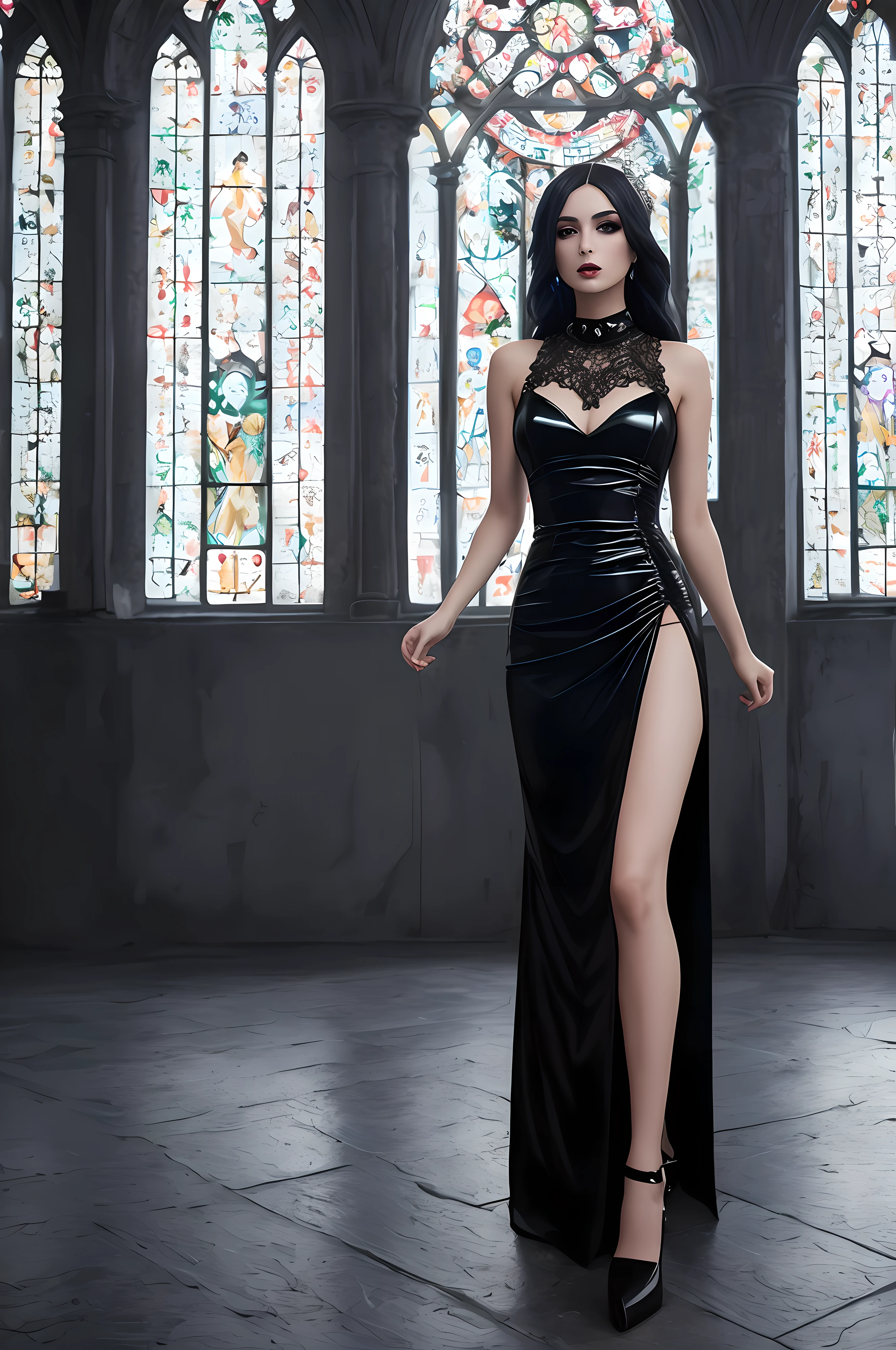 Mujer araffe con un vestido negro de pie en una iglesia, vestido sexy, 8k sensual lighting, CGsociety de cuerpo completo, inspirado por Hedi Xandt, fantasy long intricate gown, vestido sexy, high - end fashion photoshoot, wearing a gothic dress, dress latex, Vestido sofisticado, haute couture fashion shoot, seductive cyberpunk dark fantasy, Vestido extravagante, vestido oscuro