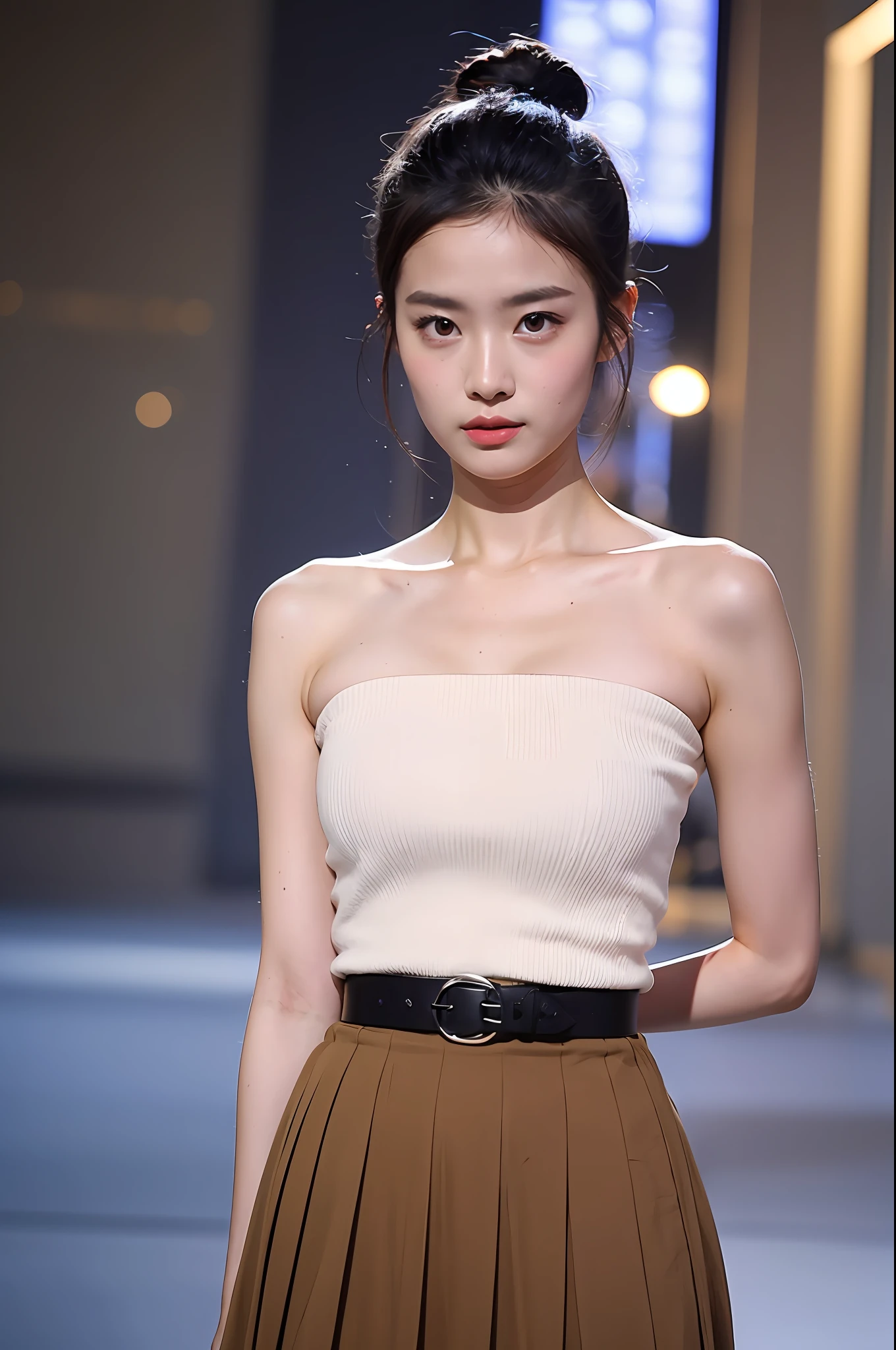 (Highly detailed body,Highly detailed face,the best quality:1.2) ,a woman with,Look at viewers,(Bandeau top ,Pleated skirt short skirt)(Big 1.2),(Catwalk background in the background:1.2)