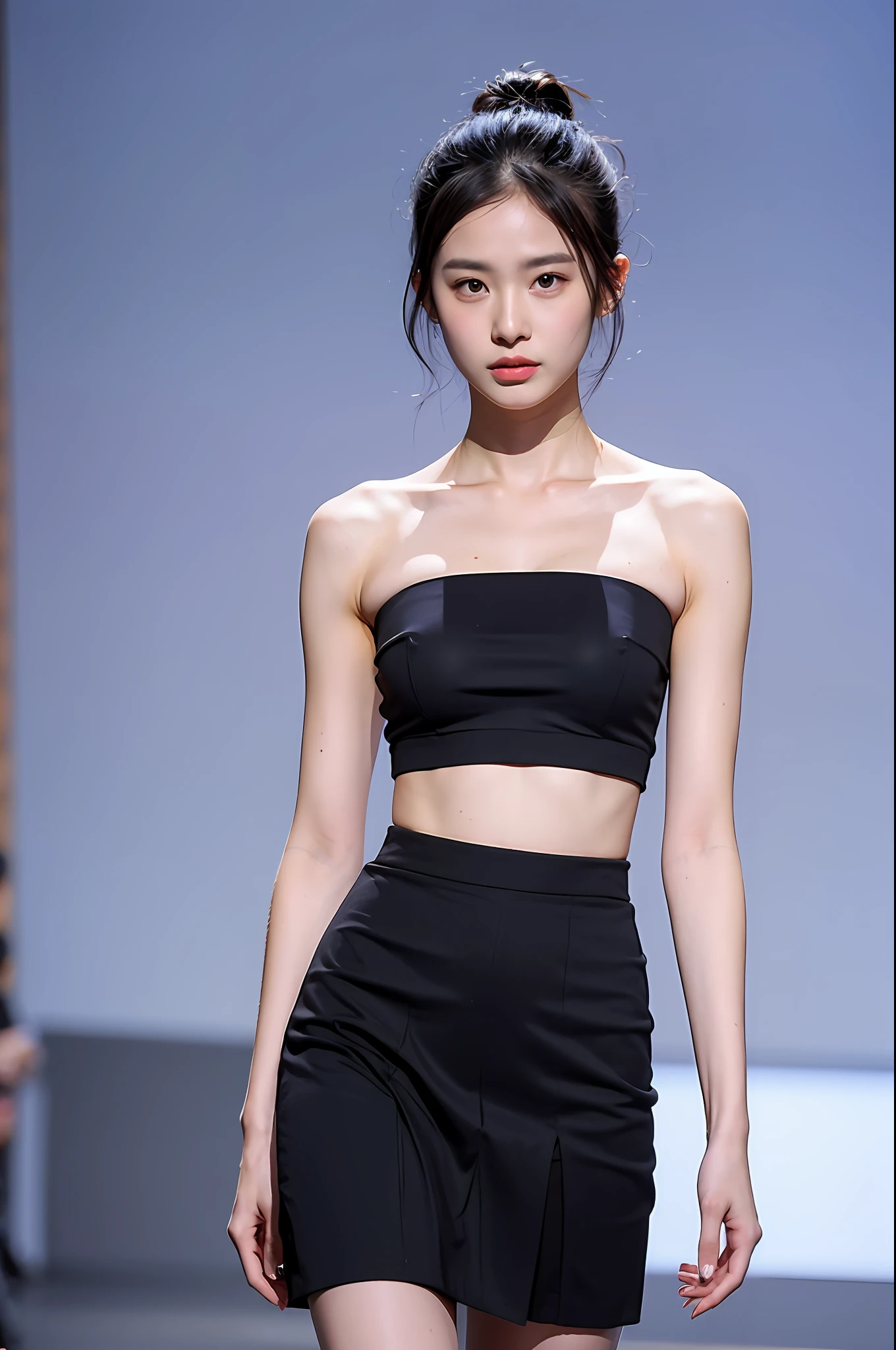 （Highly detailed body，Highly detailed face，the best quality：1.2） ，a woman with，Look at viewers，（Bandeau top ，Pleated skirt short skirt）(Big 1.2)，（Catwalk background in the background：1.2）