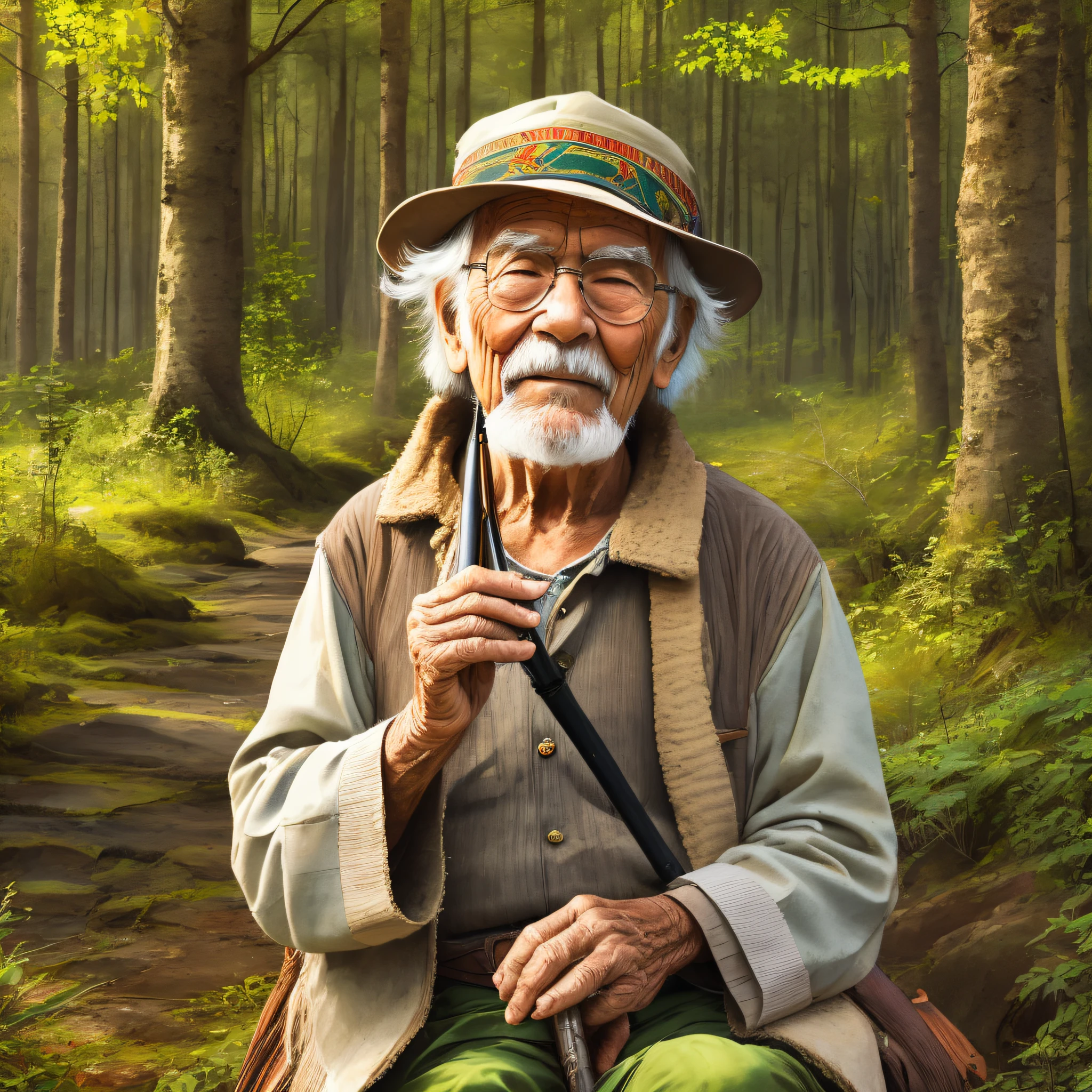 old person playing the flute in an indigenous forest environment --auto --s2