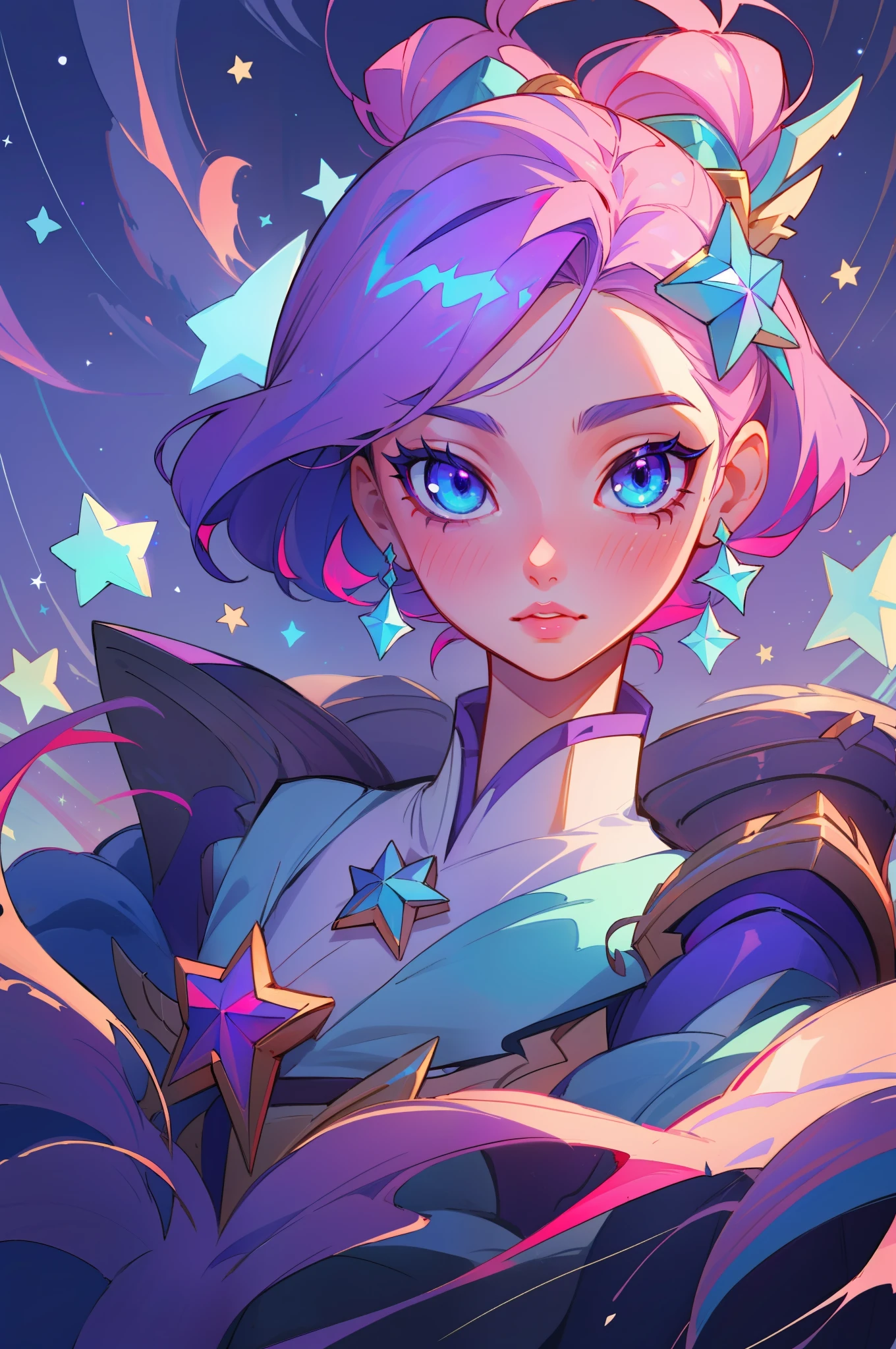 (masterpiece, best quality),  intricate details, 8k, artstation, sharp focus, 1girl, star guardian, league of legends, (pink, blue, purple color theme)