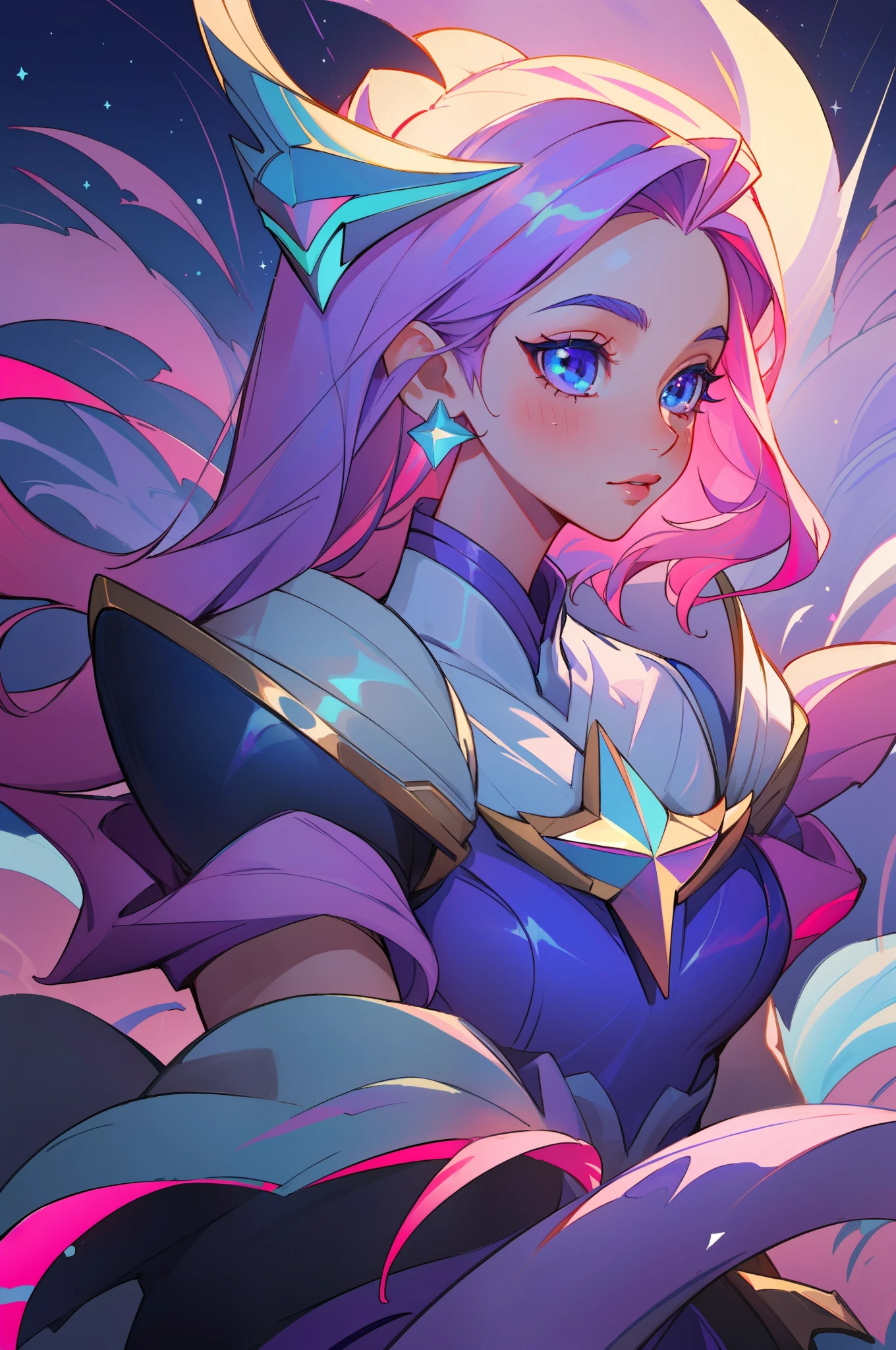 (masterpiece, best quality), intricate details, 8k, artstation, sharp focus, 1girl, star guardian, league of legends, (pink, blue, purple color theme)