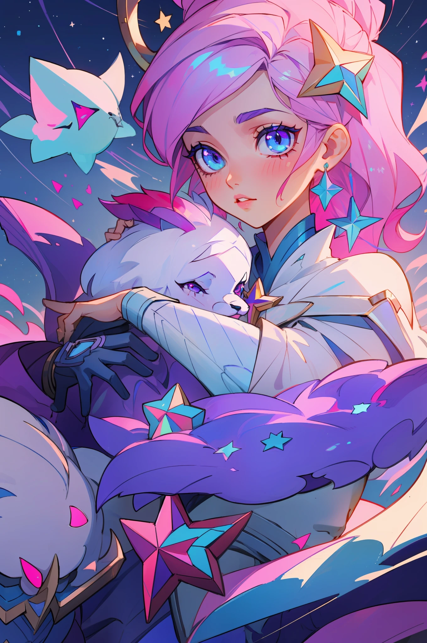 (masterpiece, best quality),  intricate details, 8k, artstation, sharp focus, 1girl, star guardian, league of legends, (pink, blue, purple color theme)