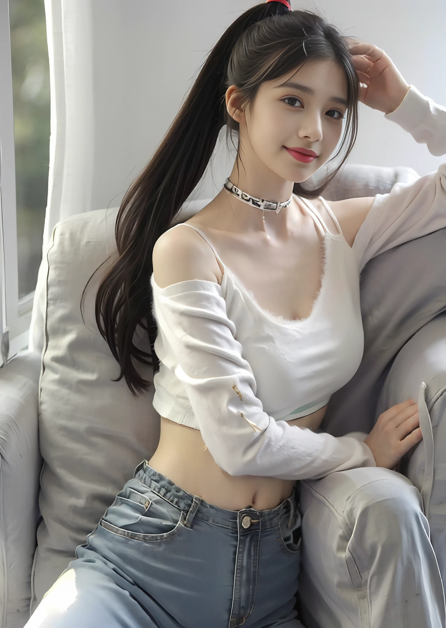 (8K,Best Quority,masterpaintings:1,2),(realisticlying,photo-realistic:1.37),top Quority,masterpaintings,A girl in white jeans who is going up to the flyover, Petite and skinny, Slim waist and hips,Slim,(White skinny jeans, White pants), Ultra HD photos, wearing jeans, her navel is exposed, Thin waist, Tight Fit Clothing, White jeans, Black sheer T-shirt, big breasts thin waist,Shop on a summer afternoon and cross the overpass,taking a full body photo,((Best Quority, 8K, masterpaintings:1.3)), focal point:1.2, Skinny beauty:1.4, Cocked buttocks:1.2, ((Fluffy and flowing high ponytail student hair:1.2, Beautiful breasts:1.2)), (wetclothes:1.1) , Crop top with a tight and shuffy top:1.1, White high-end brand jeans(Super realistic detailed jeans,Realistic detailed jeans texture and graininess:0.45),(no mask on,with a choker,耳Nipple Ring),Highly detailed facial and skin texture, detailed eye, 双眼皮,Swollen eyes,Little goose egg face:1.0,Whitens glowing skin,Fluffy and flowing long hair and bangs,(Baring teeth,Baring tongue:0.8),smil:1.0,An alluring smile with dimples,