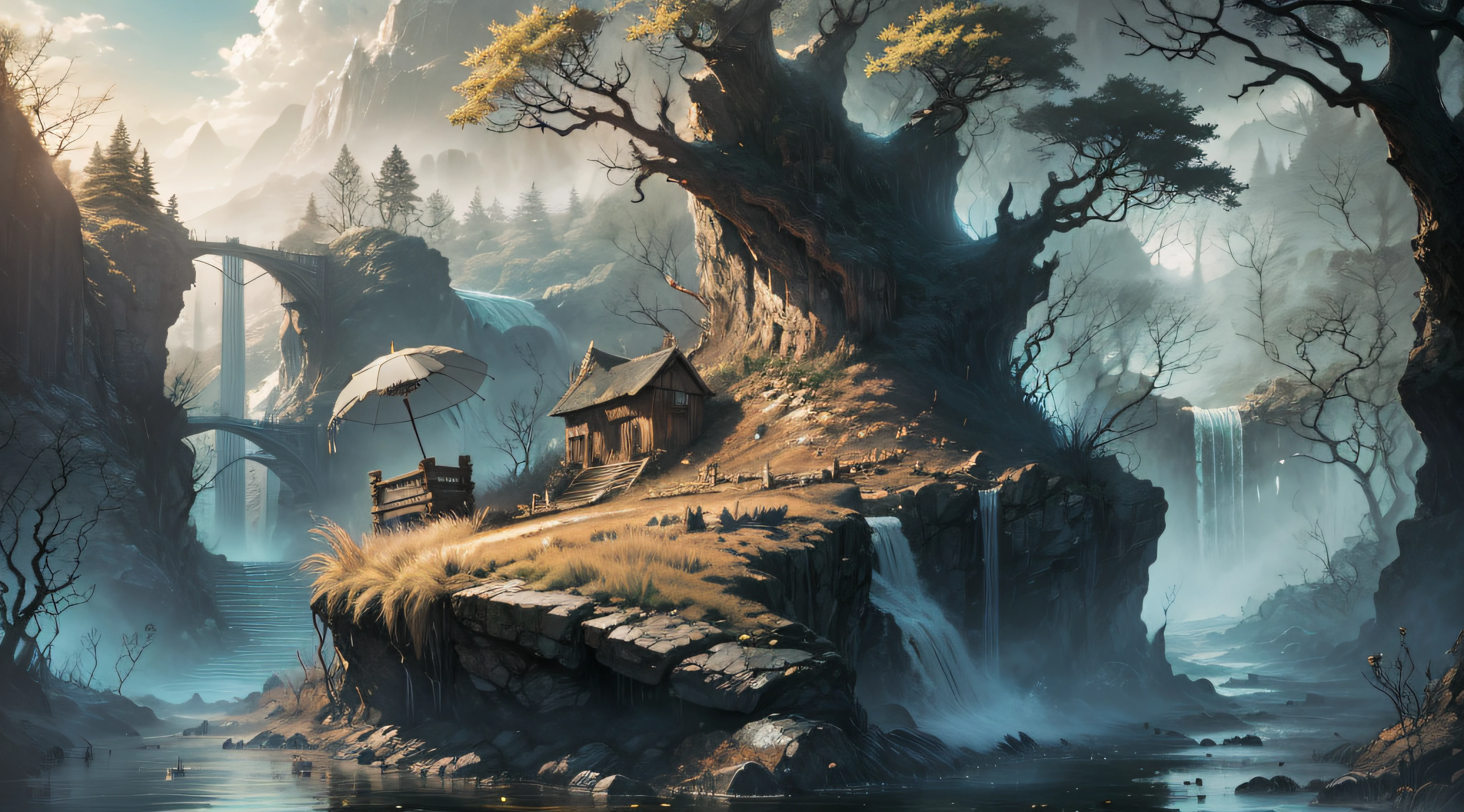 (A magical forest with a stream and high waterfalls.:1.1), motor irreal, cinematiclighting, arte conceitual, chiaroscuro, profundidade de campo, UHD, ((super detalhe, alta qualidade, melhor qualidade, preciso, 16k)),1772Pixel-1280Pixel, natural scenery, fora, HDR, ornamentado, alto detalhe, detalhes intrincados, hiperdetalhado:1.15, fundo detalhado, Water and paint, (estilo de (Greg Rutkowski:1.0) e (Darek Zabrocki:0.8) e (Andreas Rocha:0.8):1.2), rochas gigantescas, sky with clouds, lua, sol, planetas,