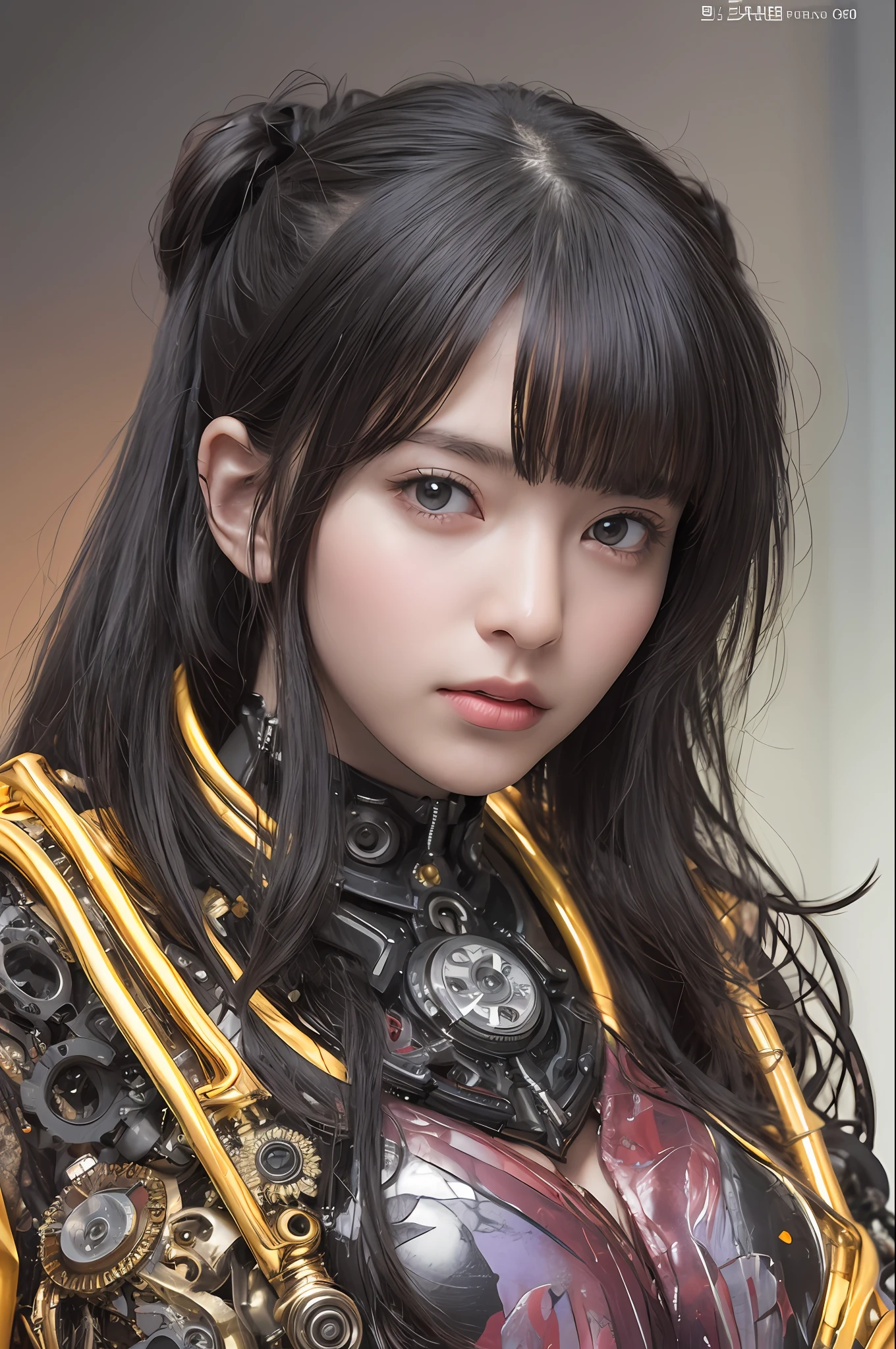 beste-Qualit、巨作、ultra-high-resolution、(photo- realistic:1.4)、Raw photo、女の子1人、Black hair、glowy skin、Steampunk Girl、((hyper realistic detail))、portlate、Global Illumination、Shadow、octan render、in 8K、ultrasharp、巨乳、Raw skin is exposed in cleavage、metals、Details of complex ornaments、Gothloli details、Luminous tube、Analog Meter、cog、gear、Golden hydraulic cylinder、extremely intricate detail、Realistic light、CGSoation Trends、purple-eyed、radiant eyes、Facing the camera、neon details、Mechanical limbs、blood vessels connected to tubes、Mechanical vertebrae attached to the back、mechanical cervical attaching to neck、sitting on、Wires and cables connecting to the head、Small LED lamp、