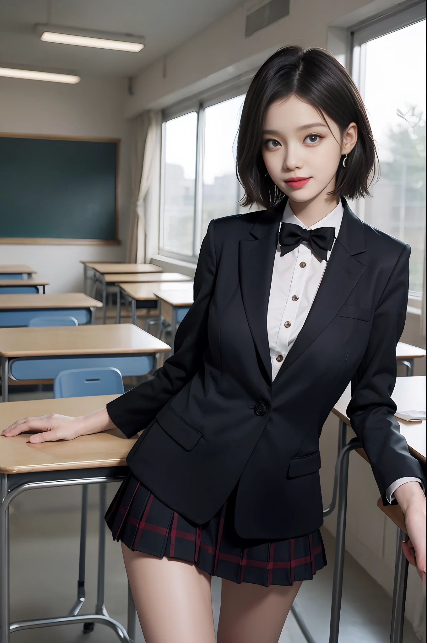 8K RAW photo, high resolution, 21 year old cool Korean, big round breasts, school uniform, tie, tie ribbon, blazer, skirt, beautiful eyes in detail, long eyelashes, beautiful double eyelids, eye shadow, slit eyes, sanpaku eyes, dark eye makeup, evil smile, beautiful thin legs, short hair gathered at the back, earrings, school classroom