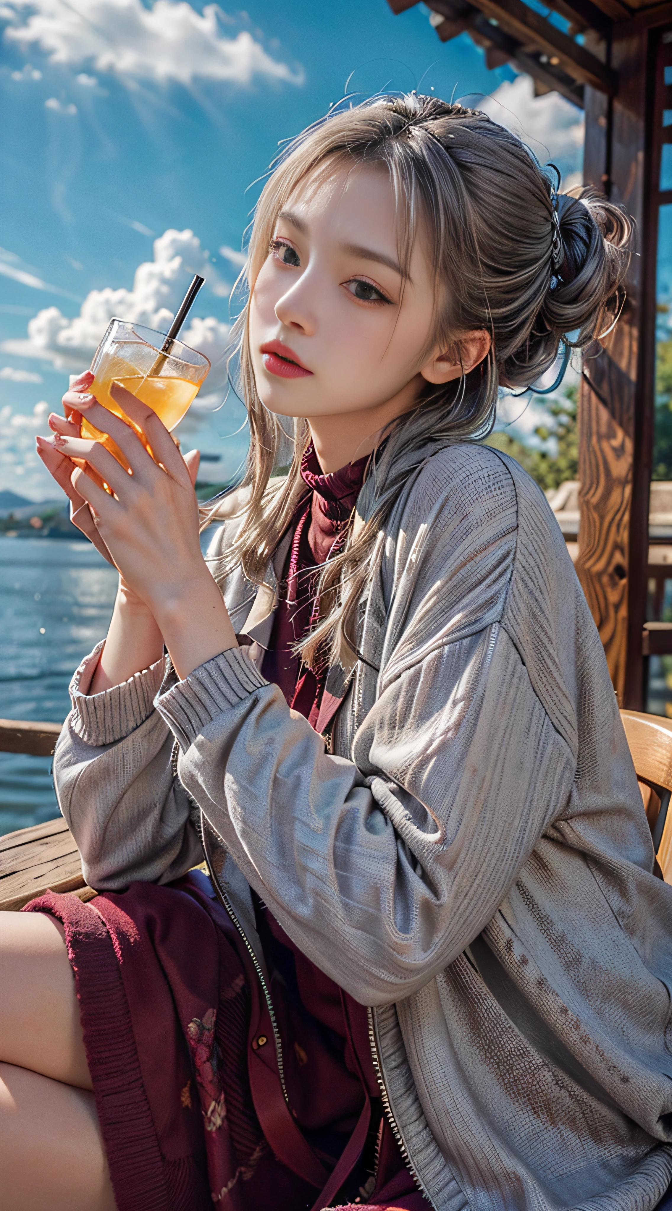 Gray sweater,Burgundy leather coat,Gray hair,Ethereal atmosphere,drinks,Sunny with blue sky,beautiful cloud