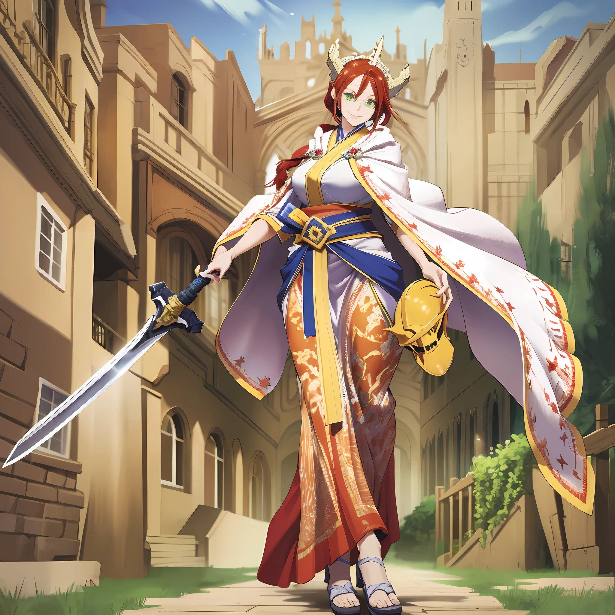 tsubaki yayoioi , blazblue, red hair, green eyes, long hair, tall female, warrior, sword, medieval, twin braids, priestess, holy, holy helmet, medium breasts, yellow cape, stylised helmet, light smile, full body, gold,european cloths, medieval , england, full body, christian, walking, solo focus, holding weapon, long skirt