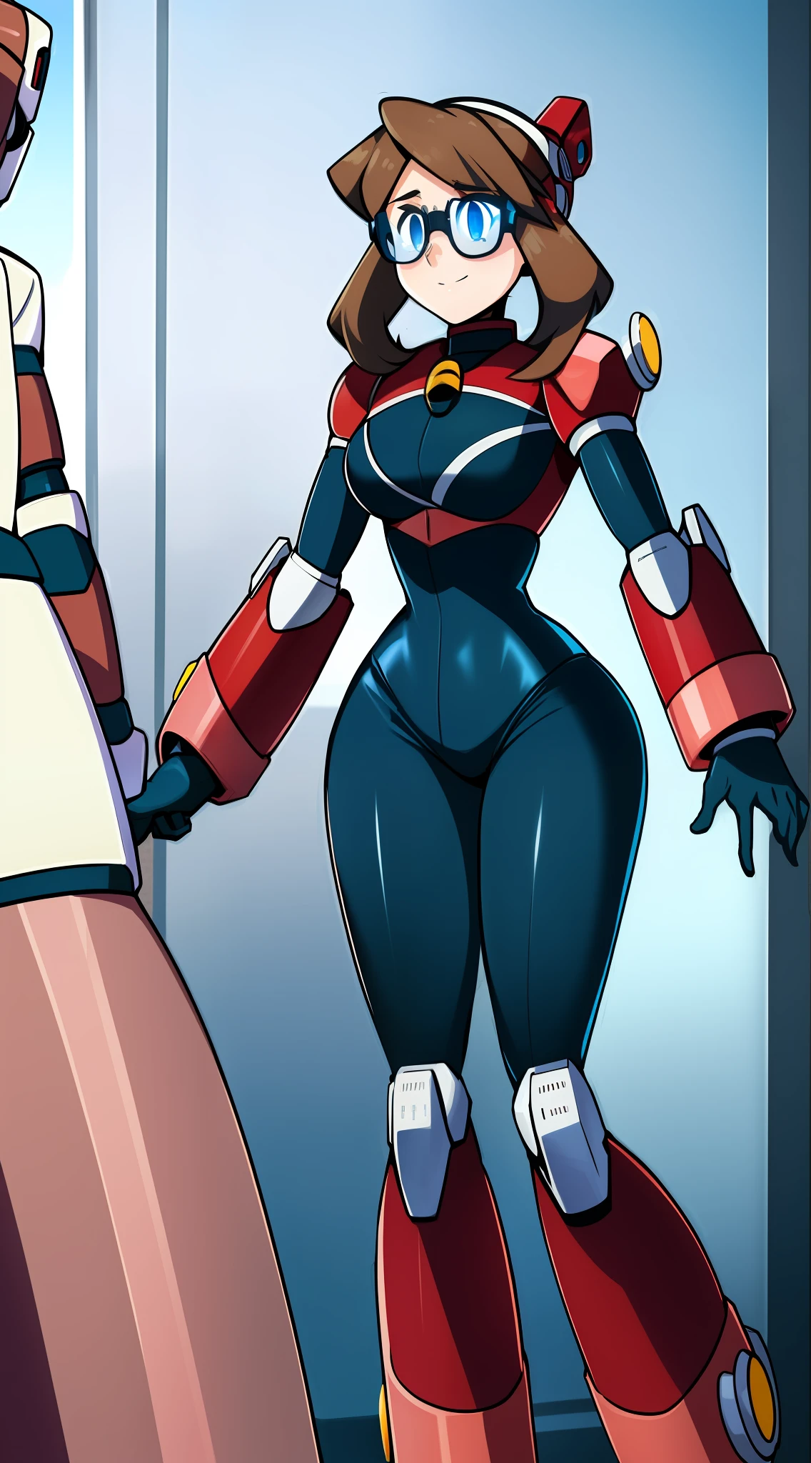 1Girl, Extremely Heavily armored, cybernetic heavy armor see-through glasses, arm gloves, knee-height skirt, heavy cybernetic boots, heavy cybernetic arms, heavy cybernetic torso, waist belt, megamanX heavy armor, bulky megamanX armor, reploid armor, Pokemon_May Face, heavy Brown Hair, Armored cone dress, Extremely Heavy body armor, large wide dress, Waitor-style dress